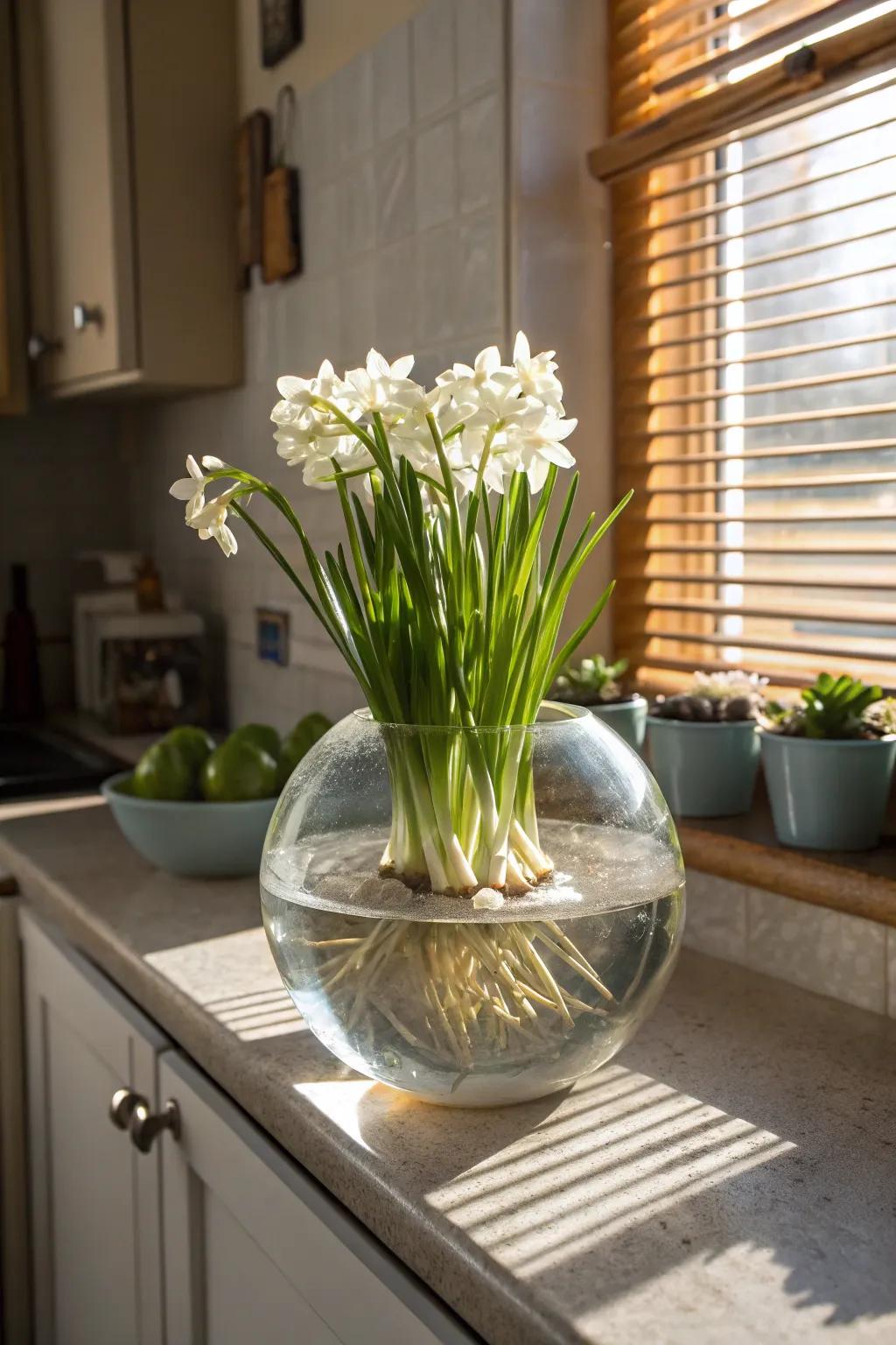 Paperwhites within a glass vessel introduce a whimsical and graceful feature.
