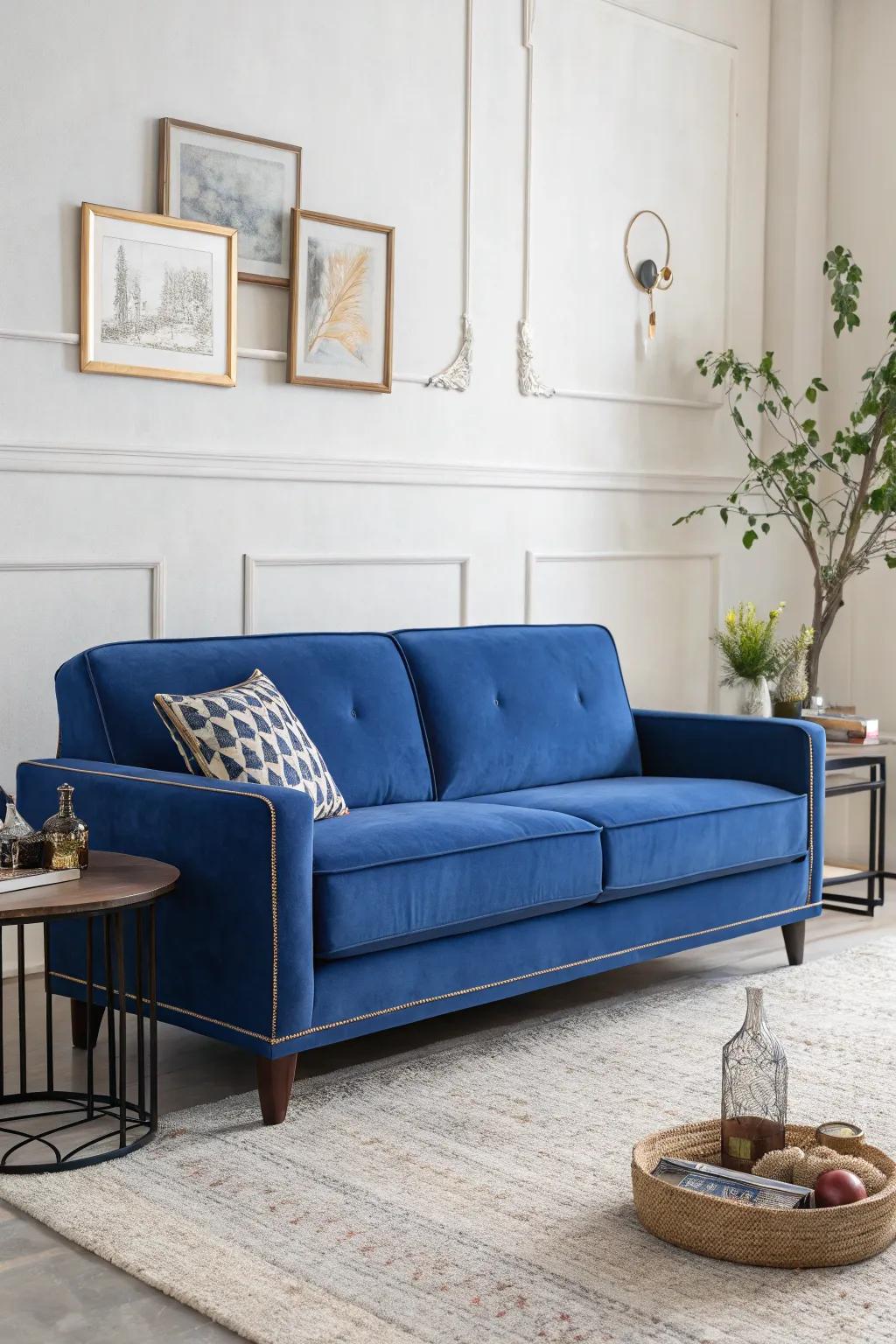 A minimalist setting permits the sapphire settee to shine in a serene space.