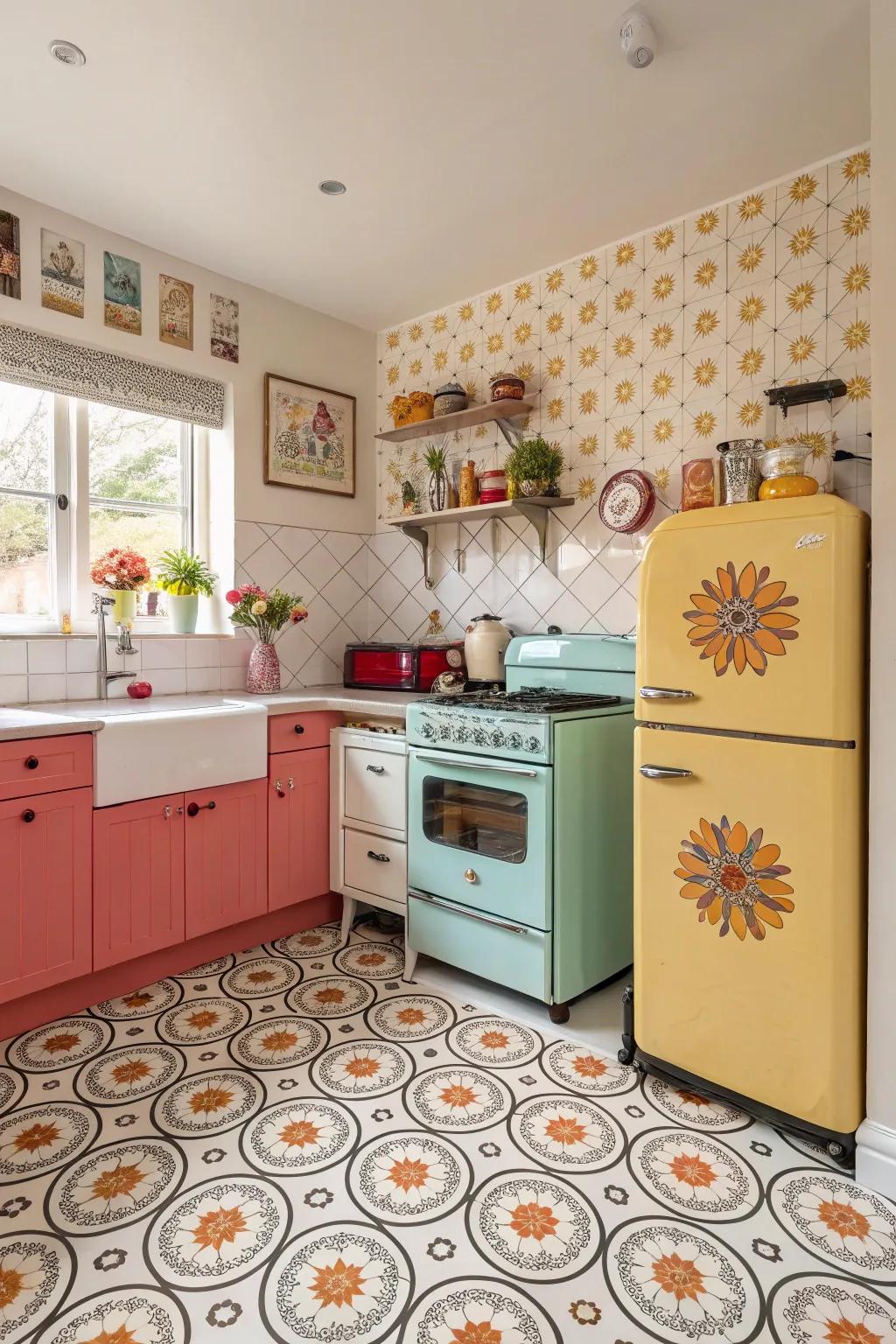 Vintage vinyl tiles introduce color and nostalgia to the kitchen.