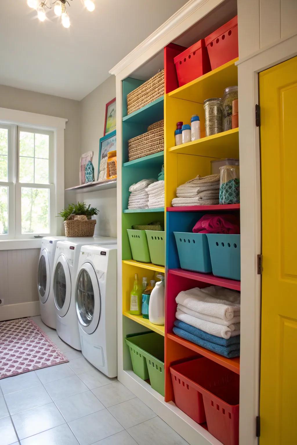 Boldly painted shelves add a splash of color and persona.