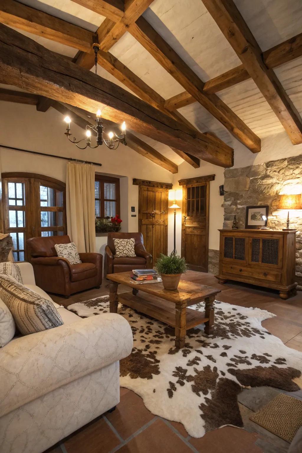 Bovine hide floor coverings infuse texture and a rustic edge into living spaces.