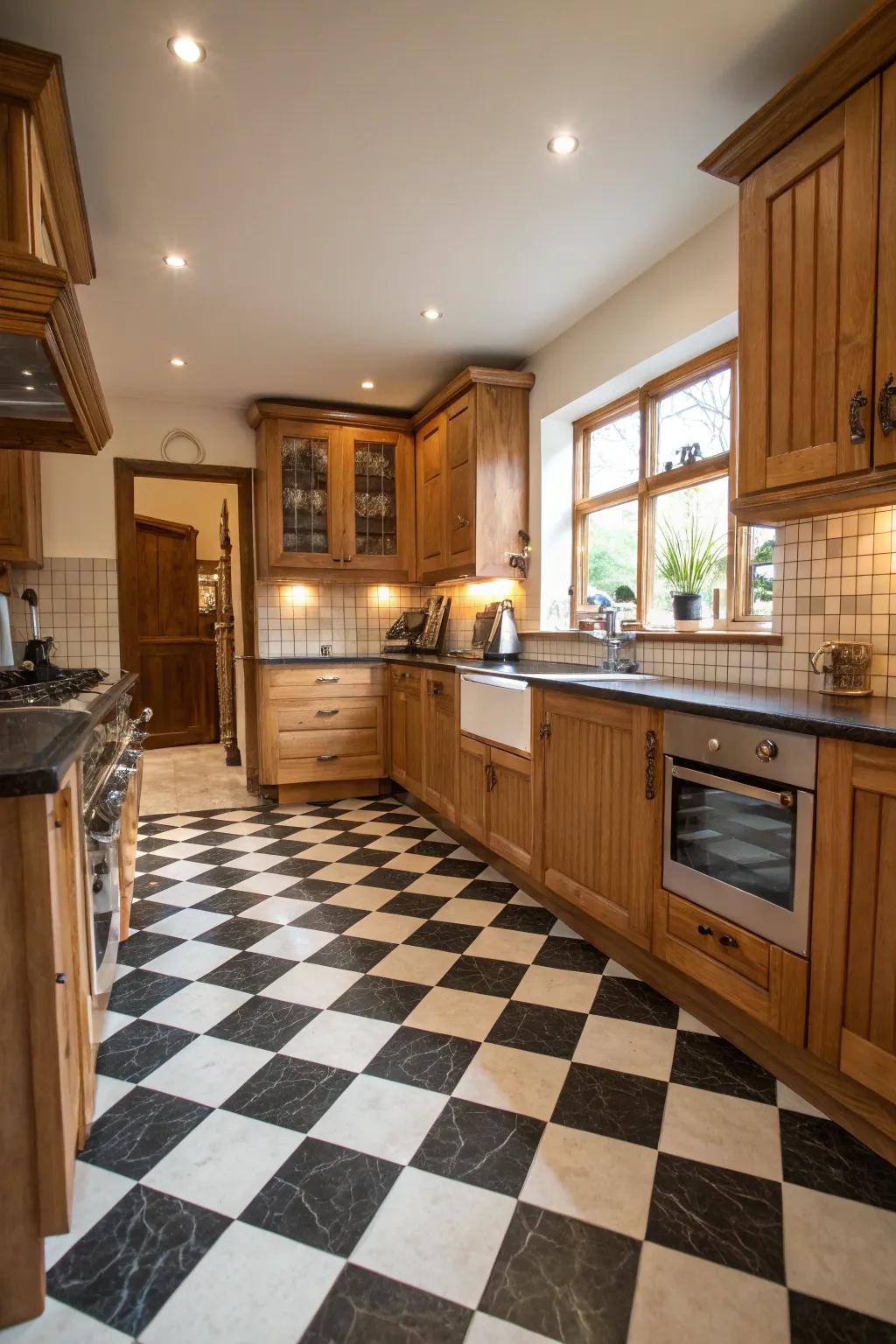 Checkered pavements introduce classic charm to this countryside kitchen.