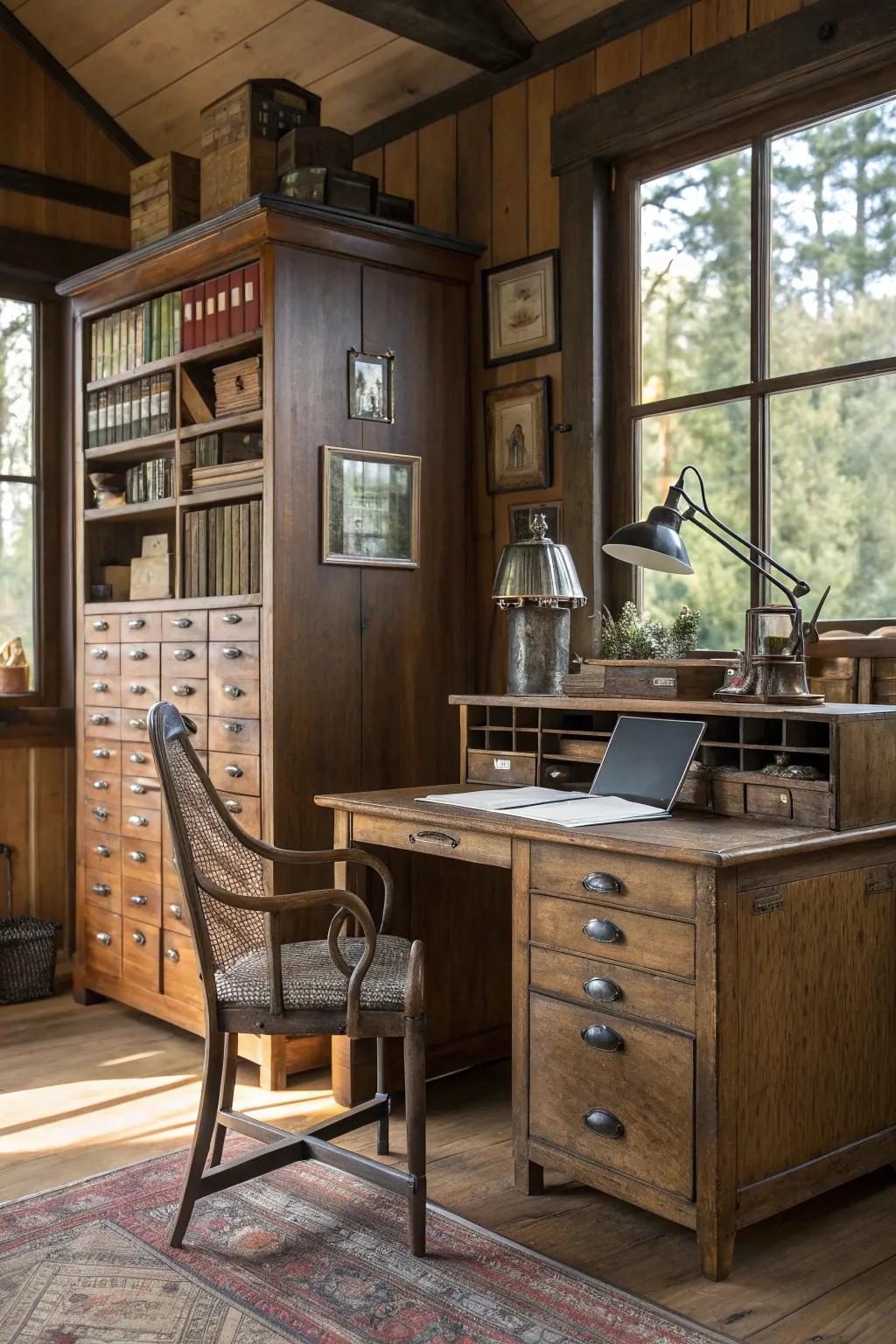 Antique storage solutions offer panache and practicality in a country-style office.