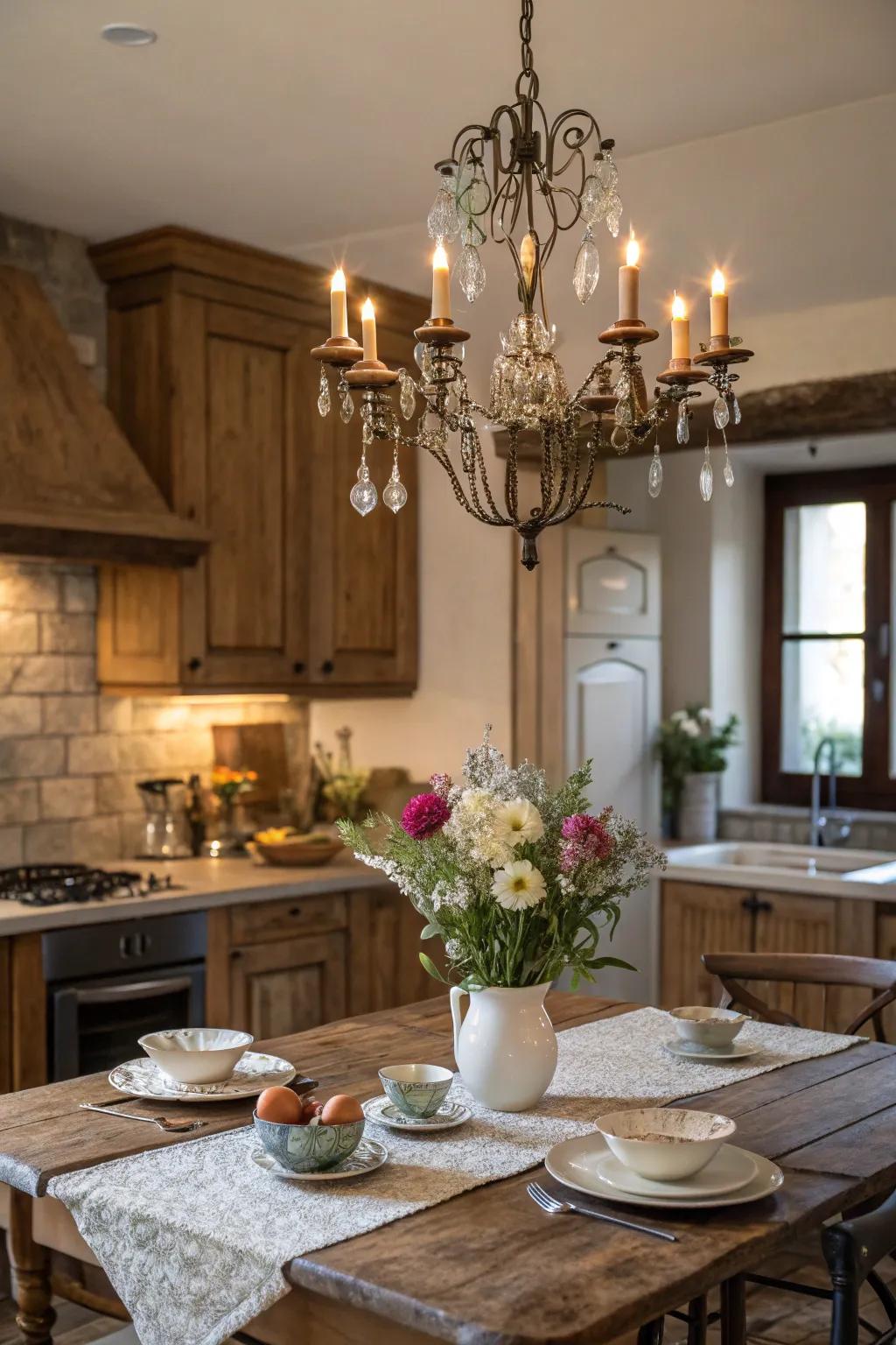 A vintage chandelier adds elegance and charm to a farmhouse kitchen.