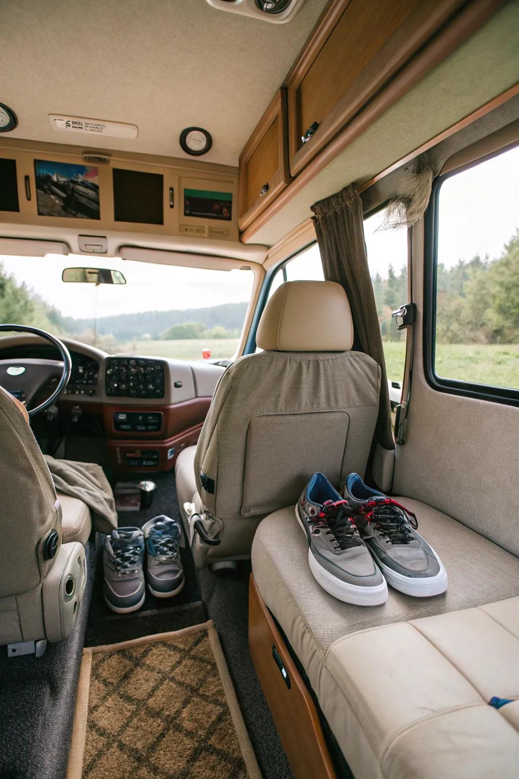 Locate concealed shoe arrangement beneath the passenger seat.