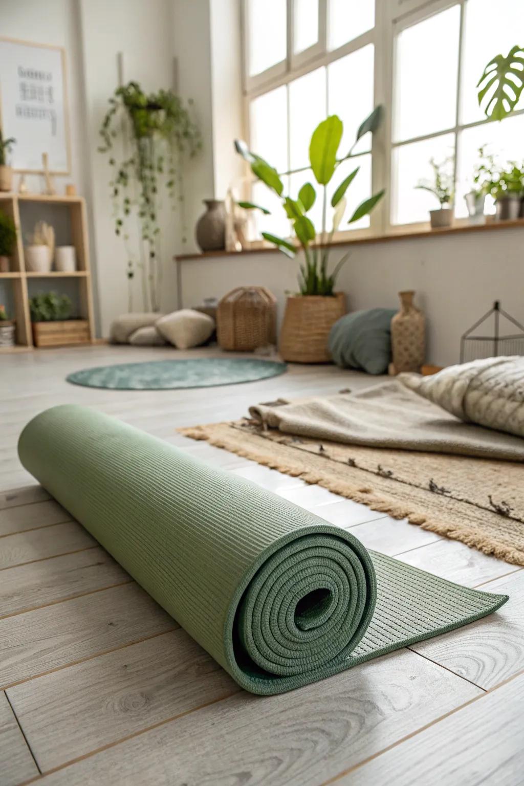 A sage green fitness mat evokes tranquility and focused attention in your exercise routine.