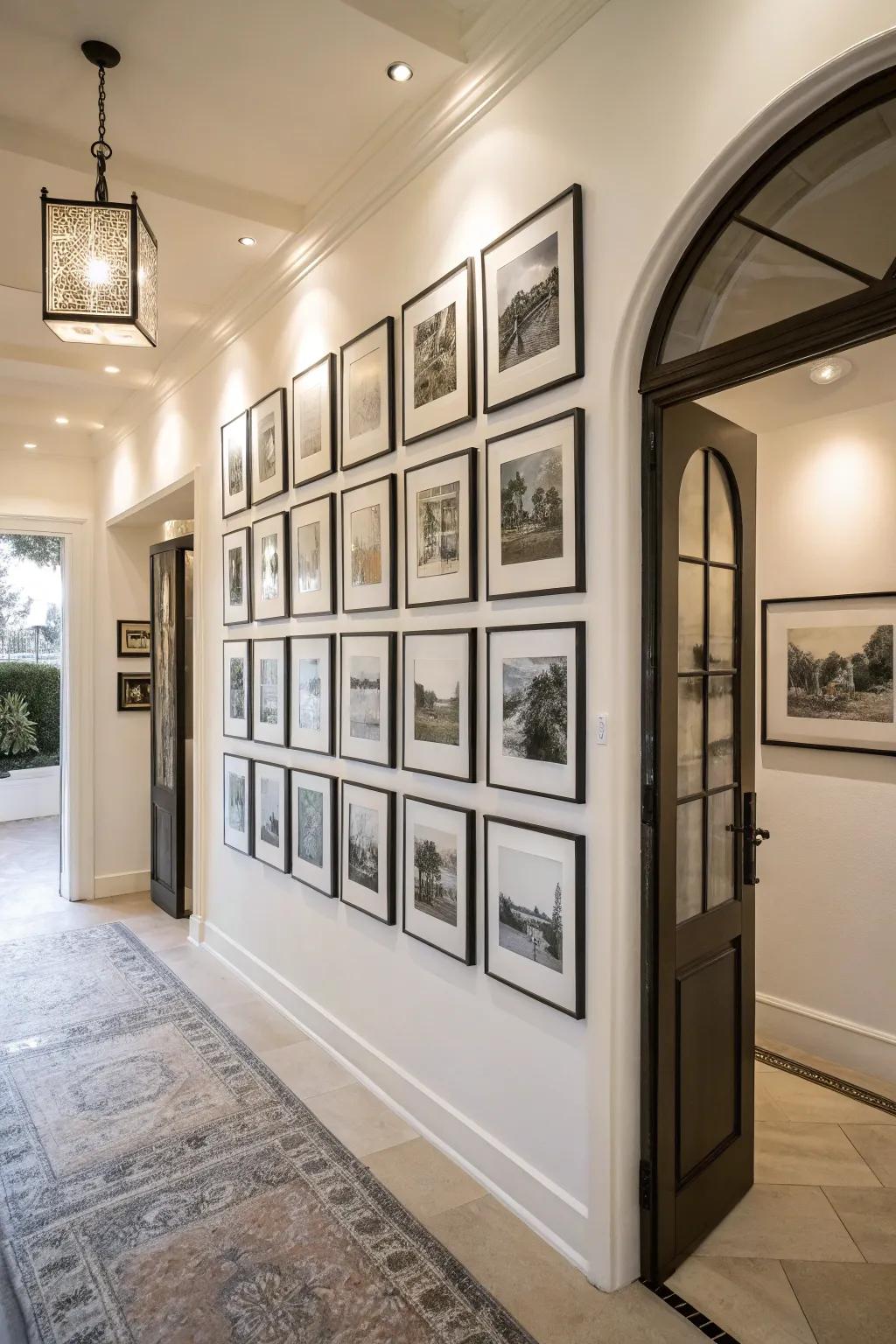 An entranceway furnished with a monochrome gallery of black and white prints