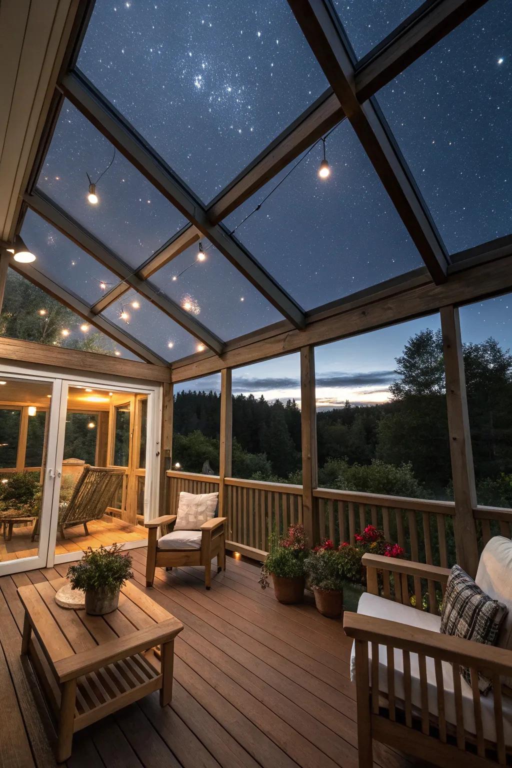 Skylights situated on a porch extend a breathtaking vista of the stars.