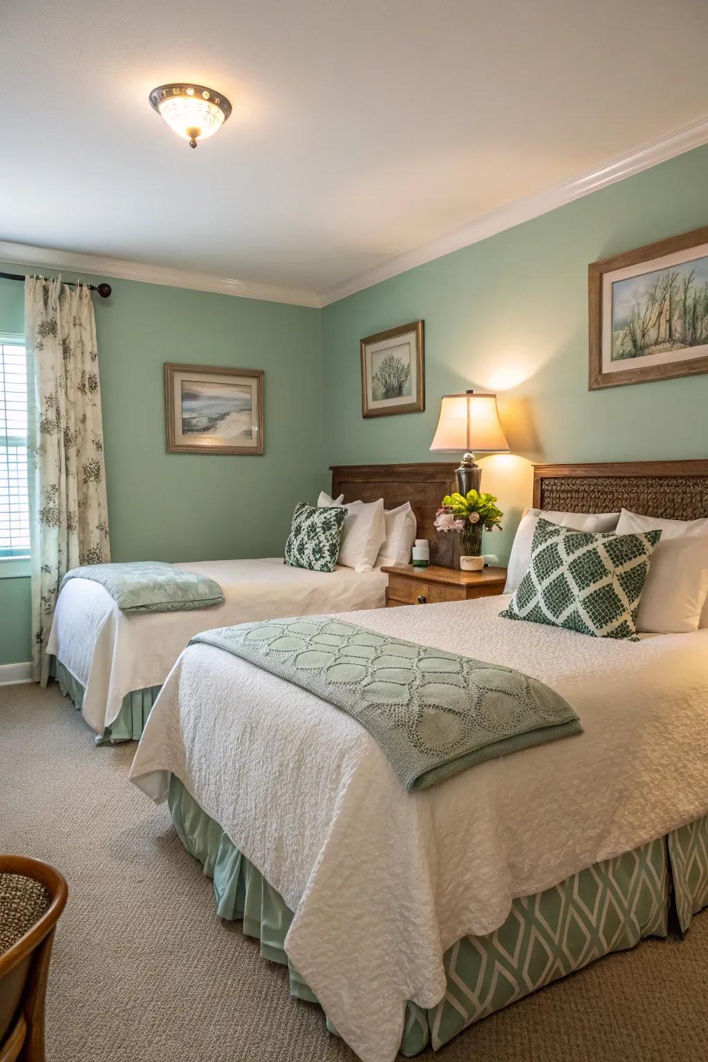 A refreshing guest room featuring calming seafoam green painted walls.