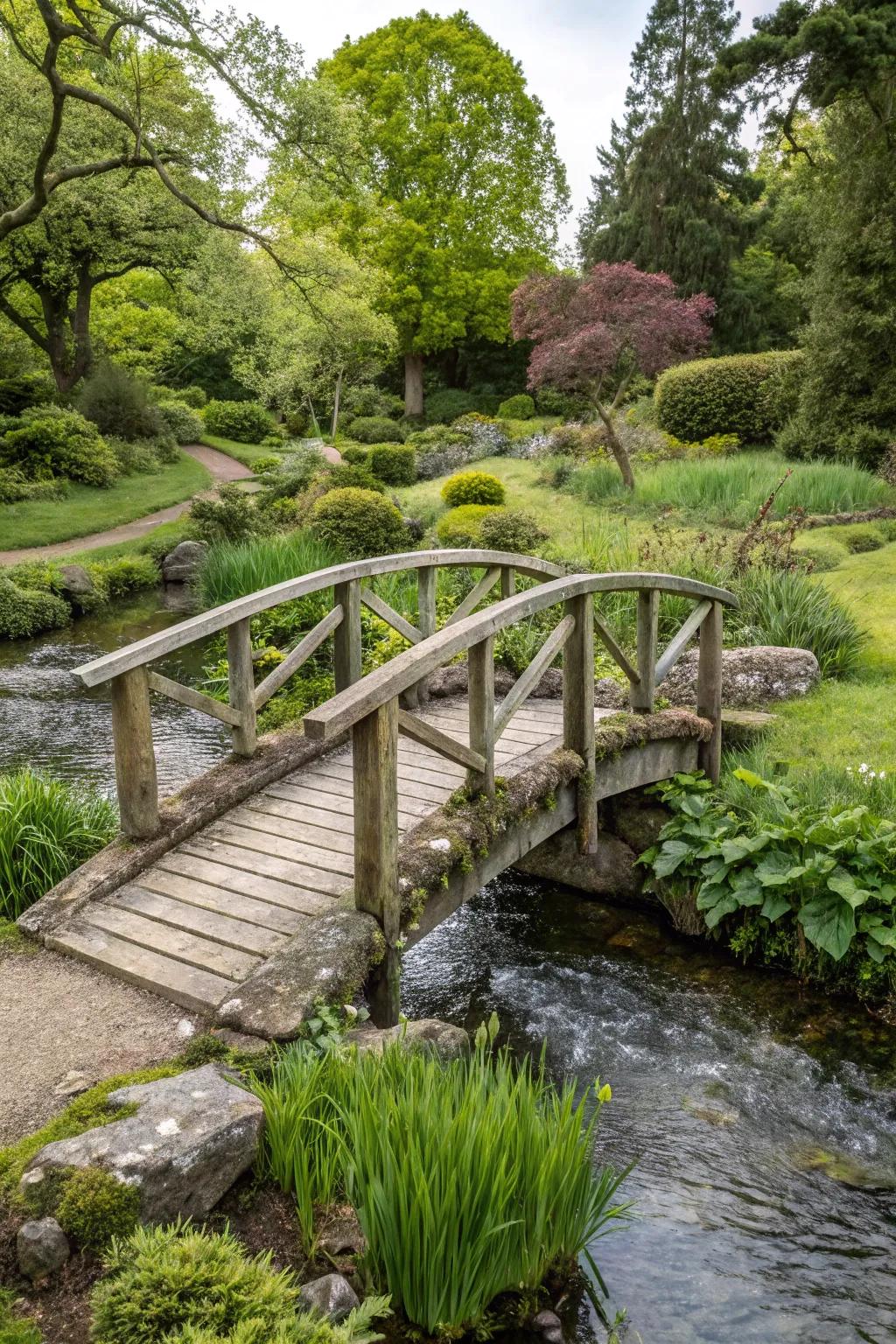 Incorporate storybook allure through a rustic footbridge.