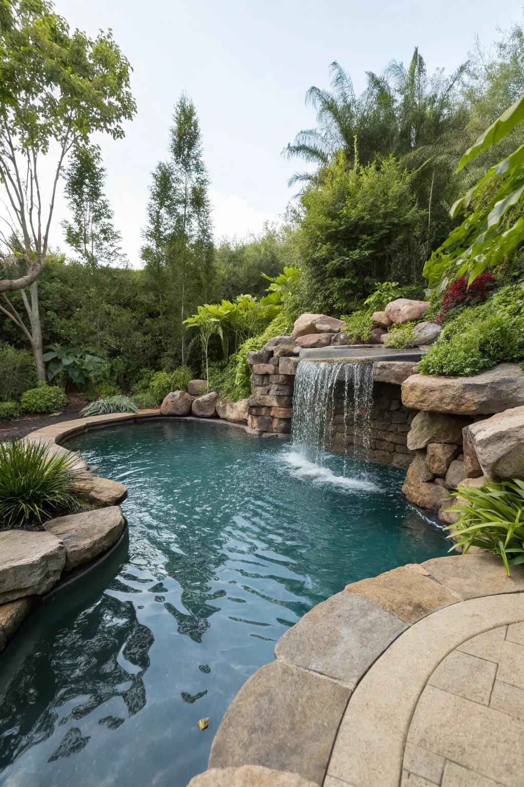 A partially submerged pool with a calming cascade that enhances relaxation.