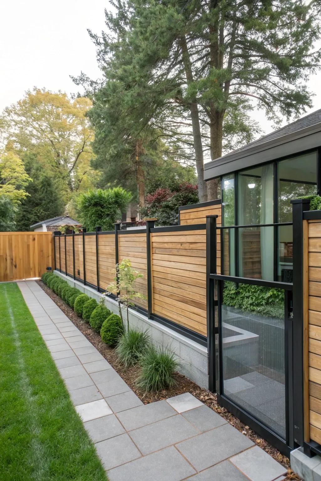 A mixed medium fence introduces layers and intrigue to this chic outdoor panorama.