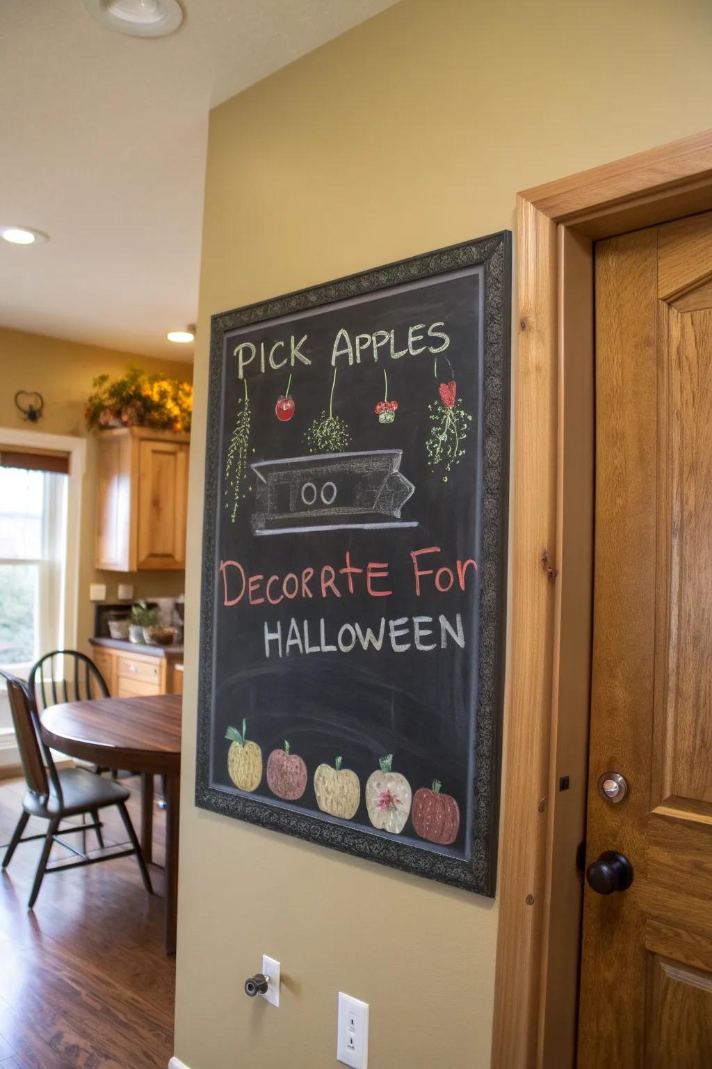A kitchen wall showcasing a chalkboard with a fall-themed to-do list.