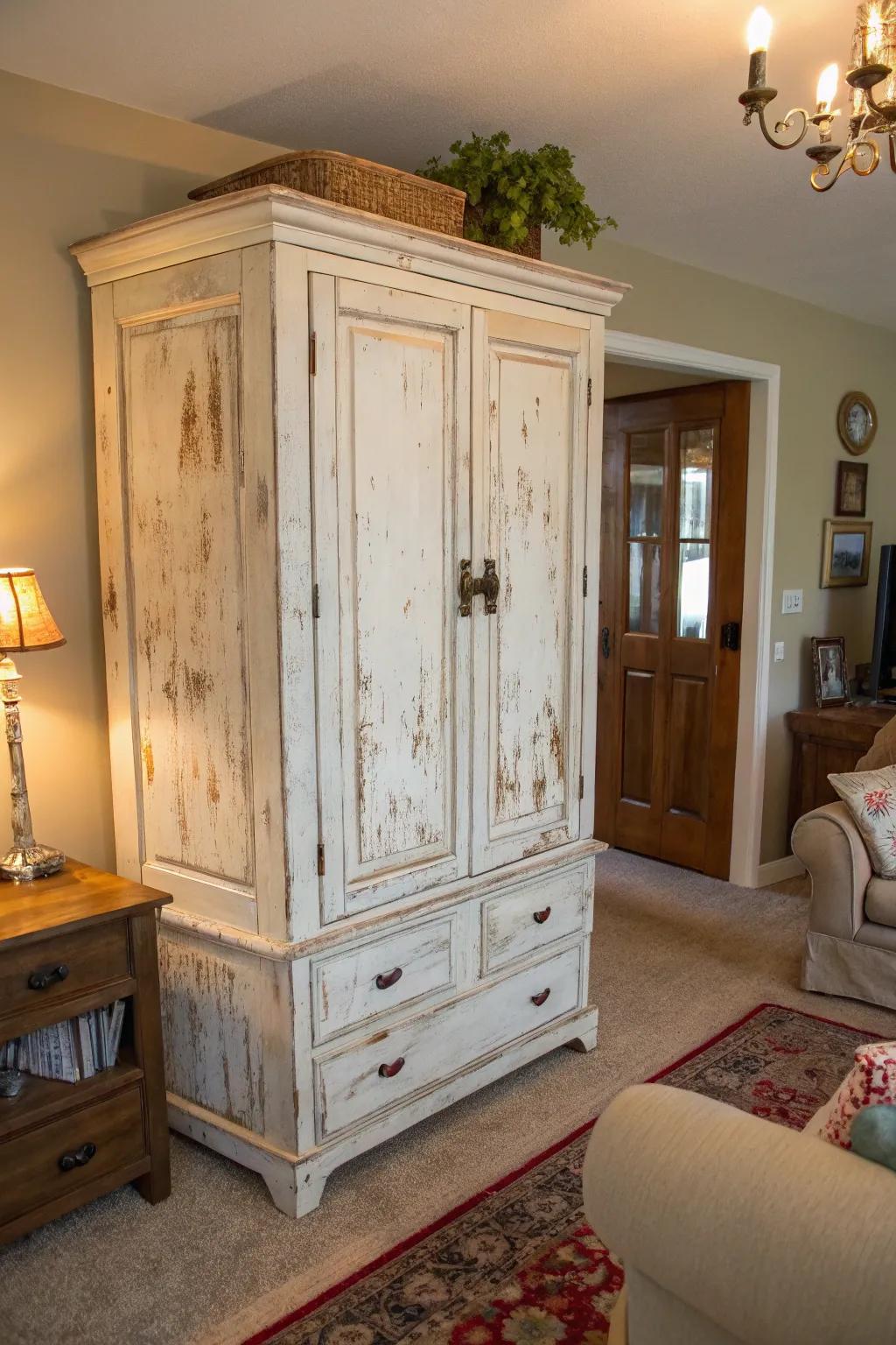 A weathered cabinet offers both storage and flair.