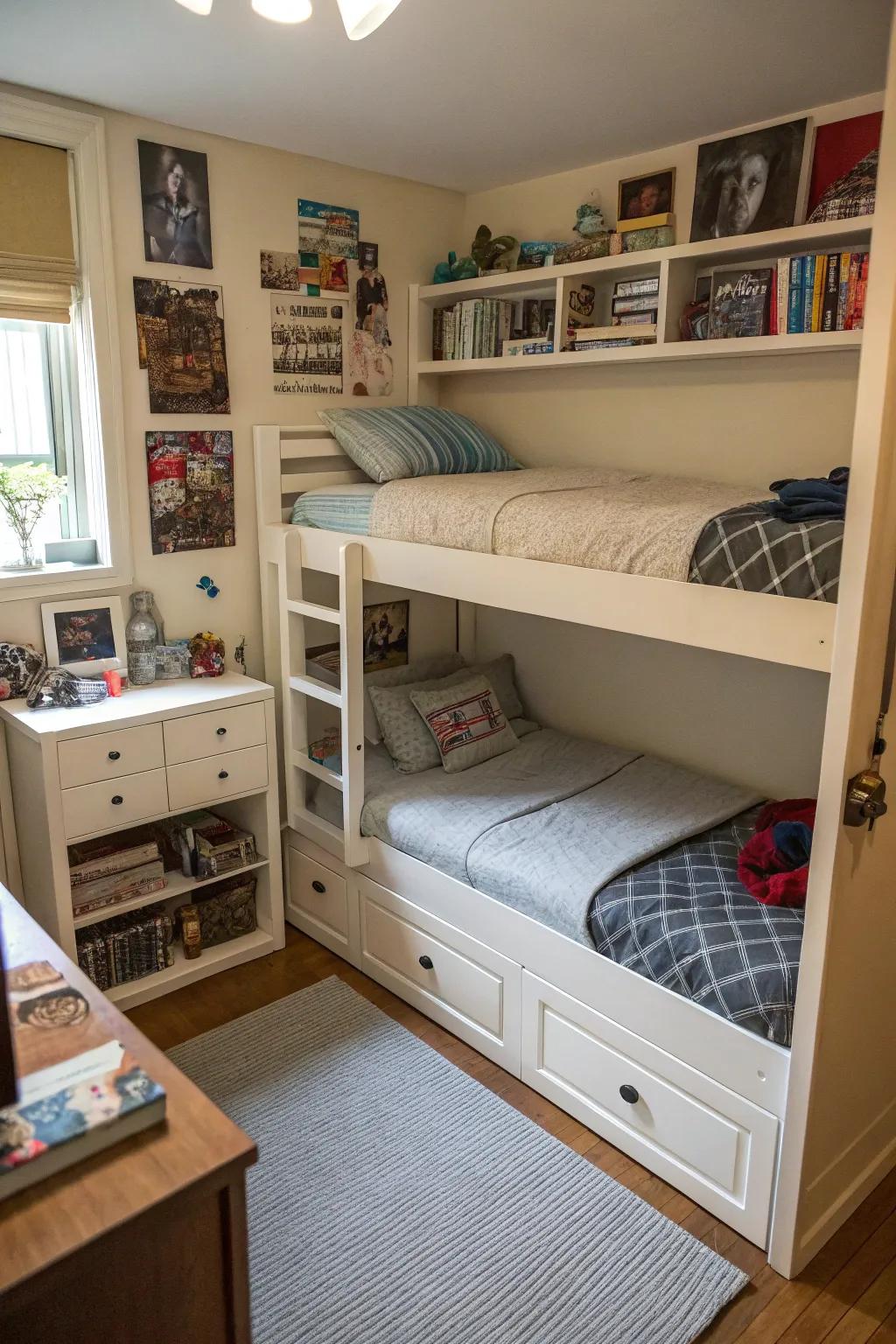 A multi-tiered configuration infuses depth and intrigue into this shared room.