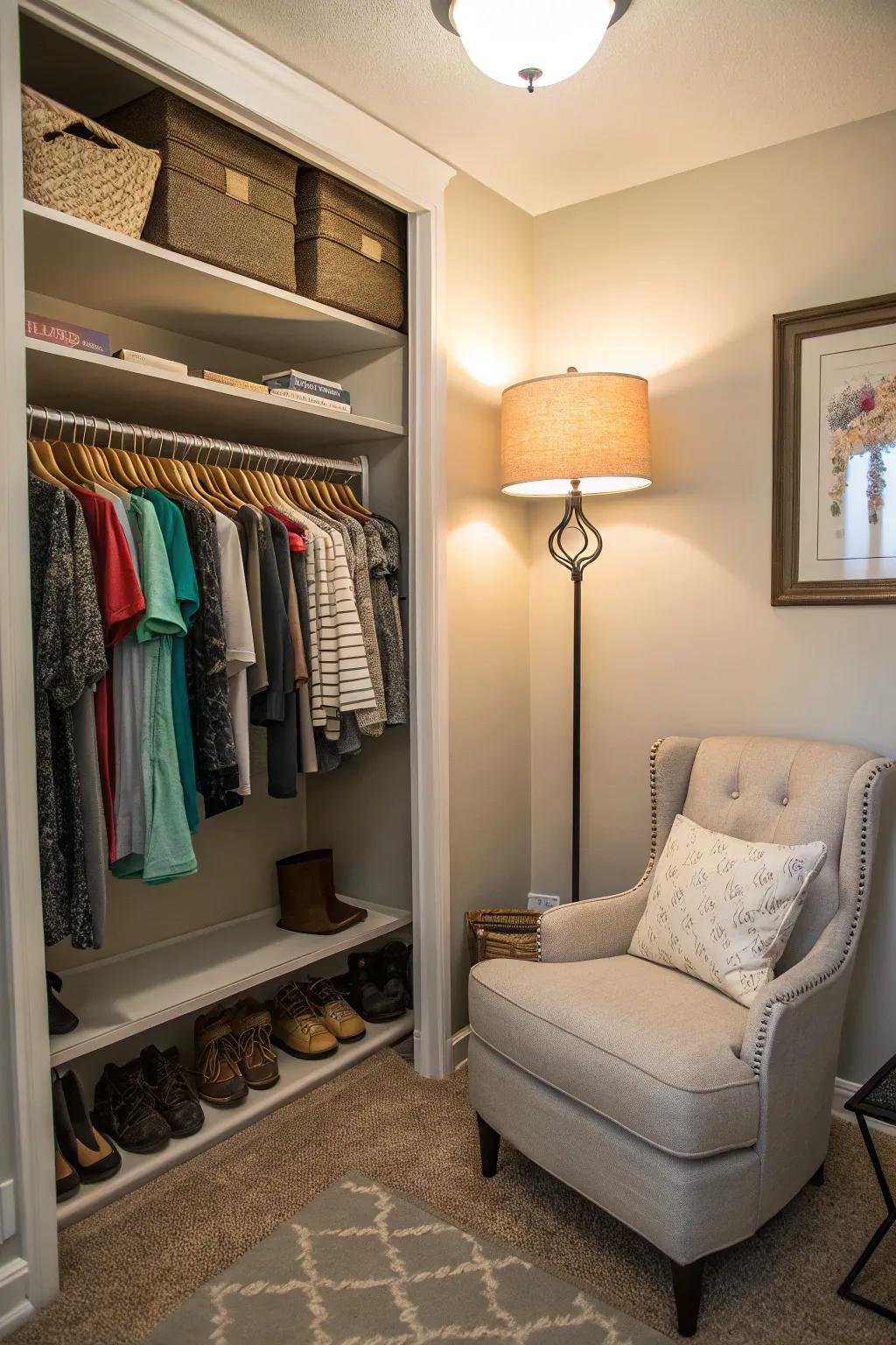 A shared closet with a unique reading nook designed for a serene escape.