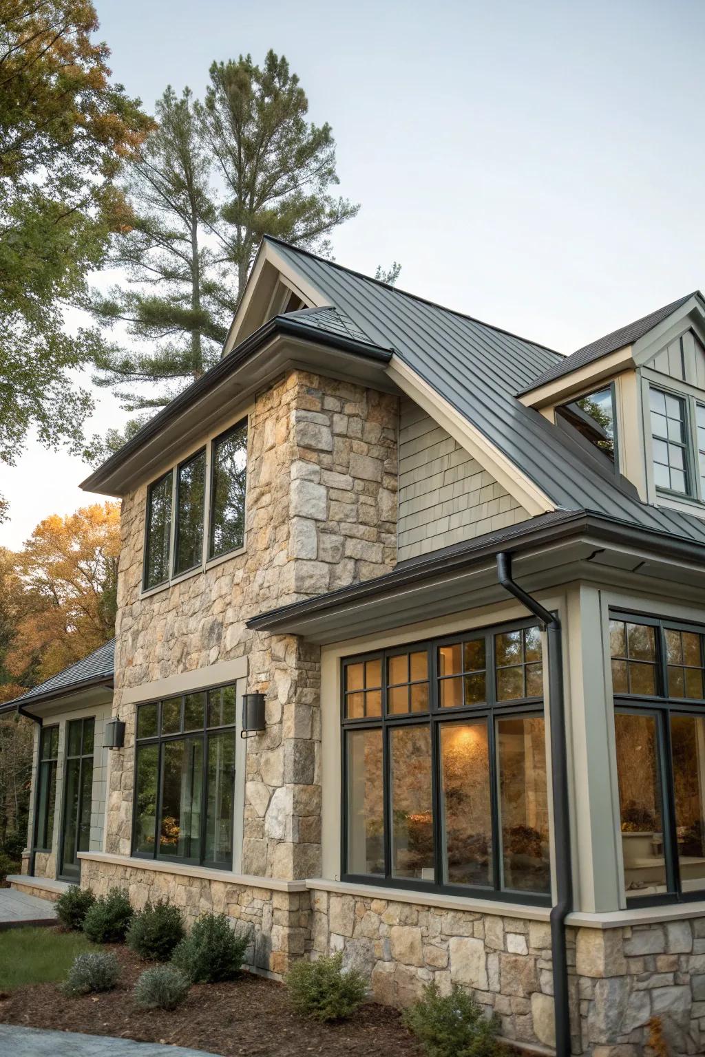 A home with a texturally contrasted shed dormer.