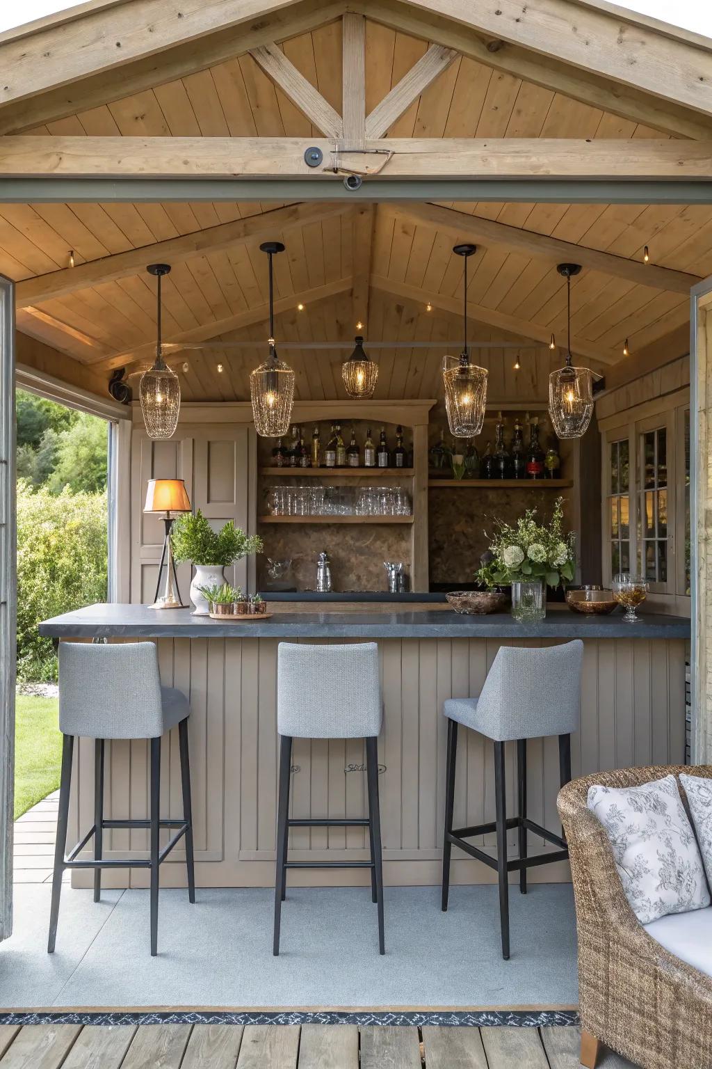 An inviting beverage area inside a converted shed, ideal for entertaining.