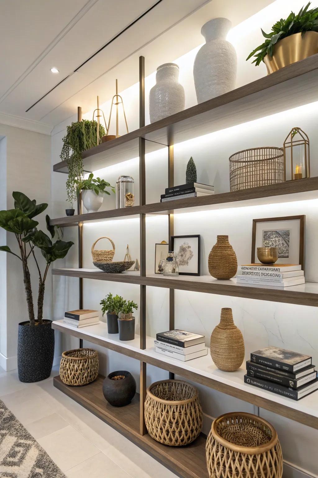 Alternating elevations contribute dynamic allure to shelf arrangements.