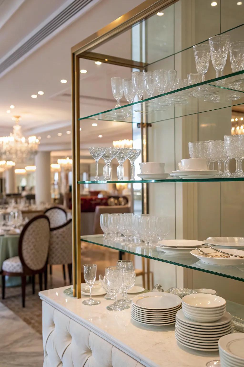 Vitreous shelves infuse an opulent fragment into the dining room ornamental scheme.