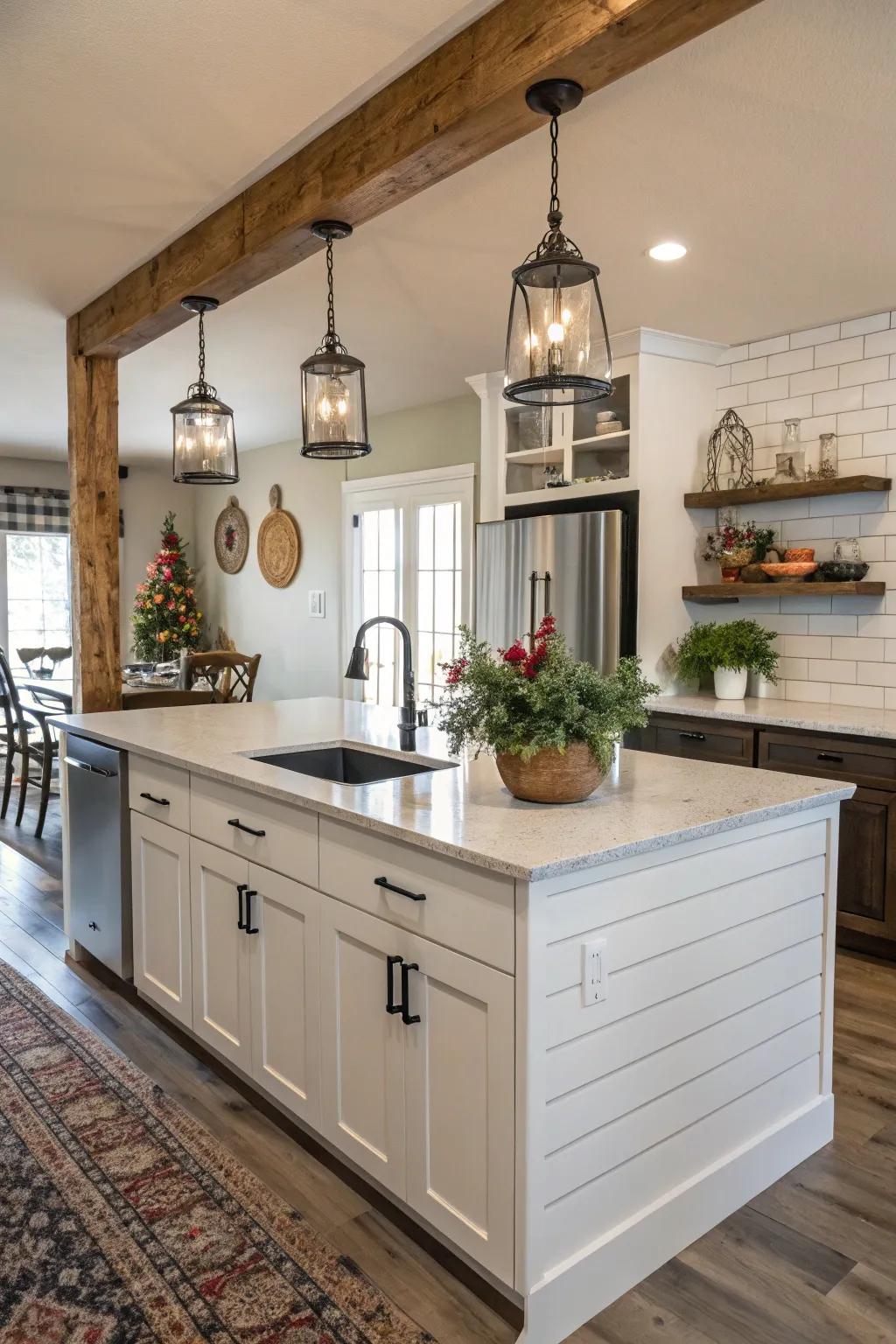 Subtle shiplap highlights enhancing character to the kitchen island.