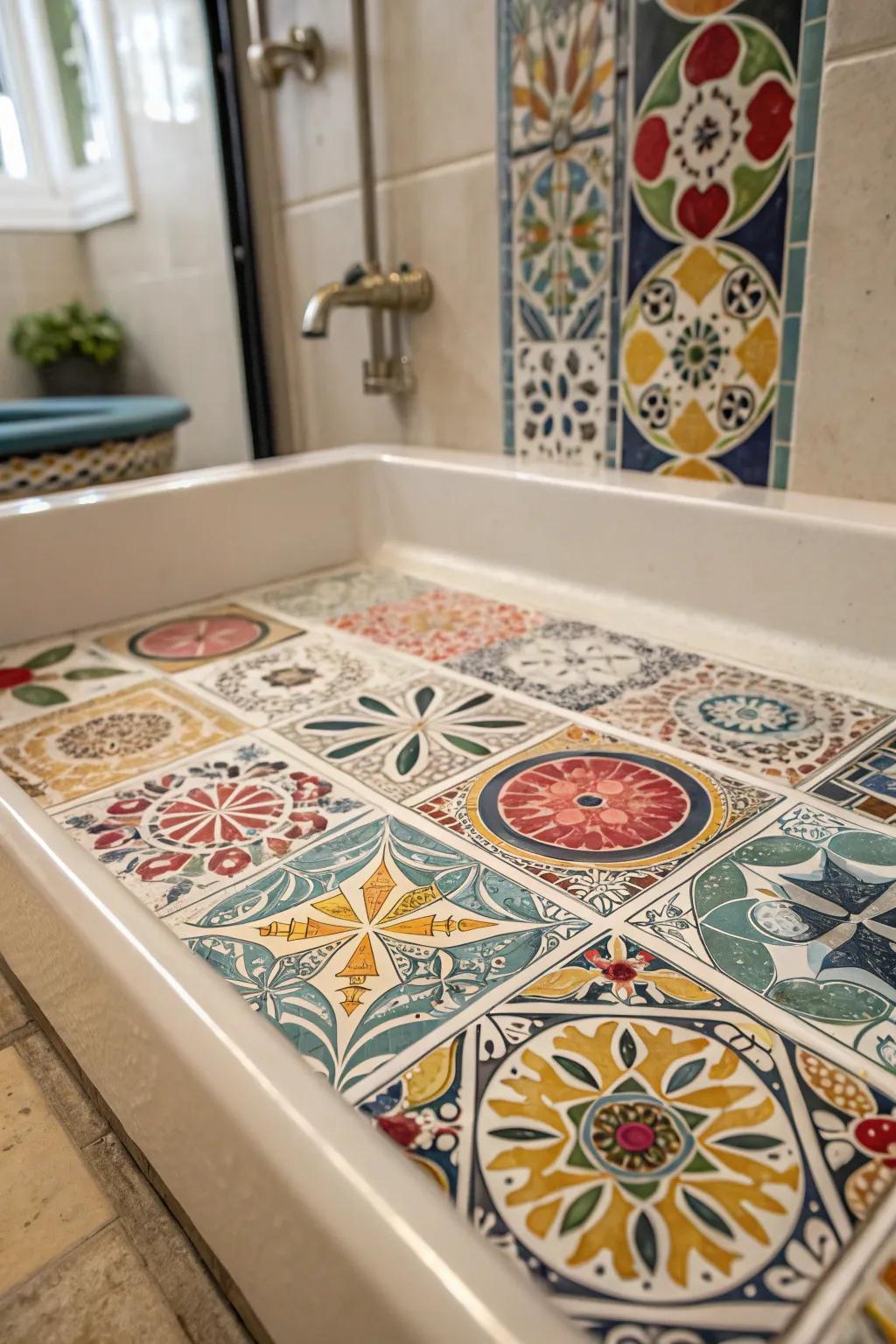 Intricate tile designs in different colors and shapes craft a stunning feature on this shower space.