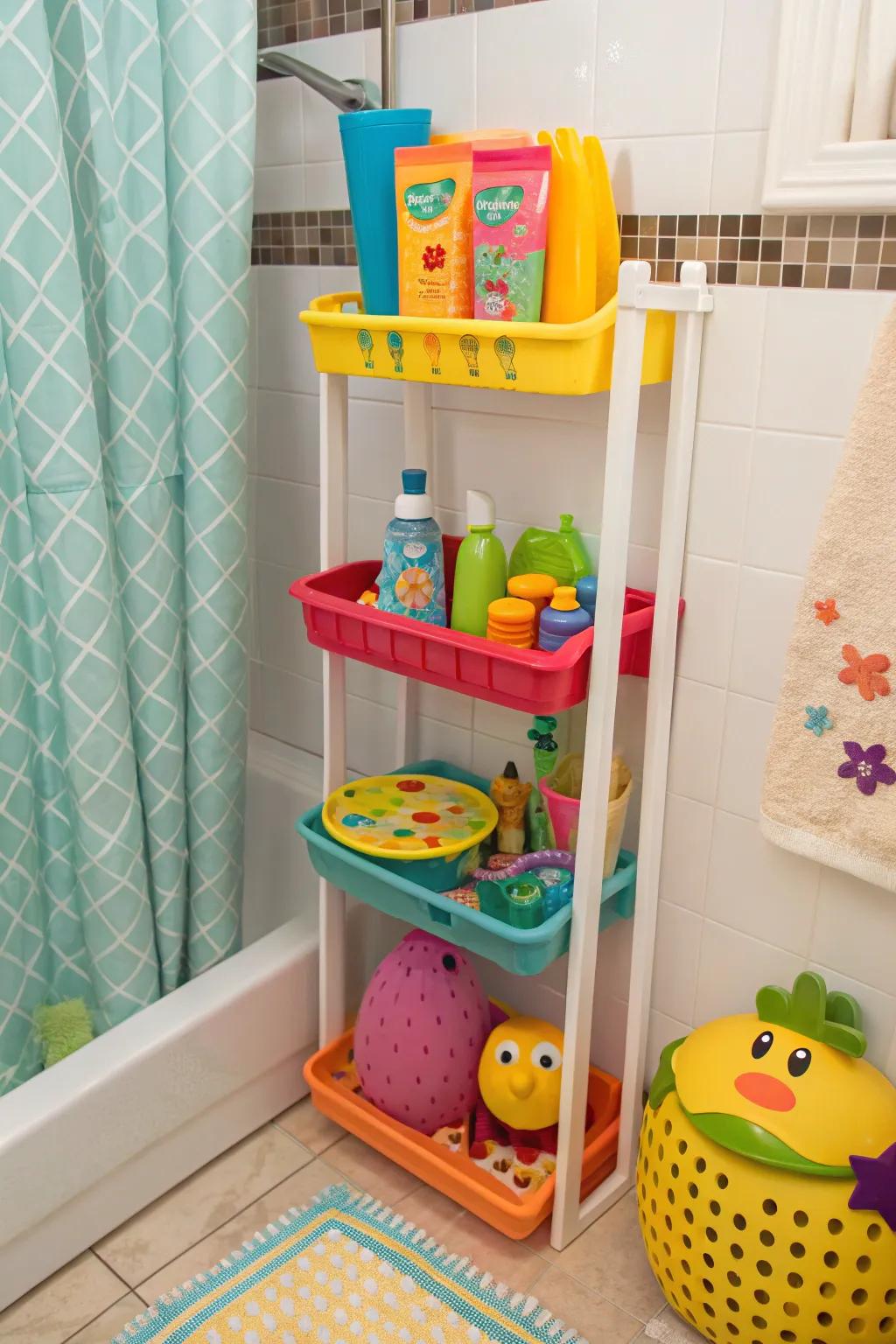 Chromatic synthetic fixtures append a playful touch to kid-friendly showers.
