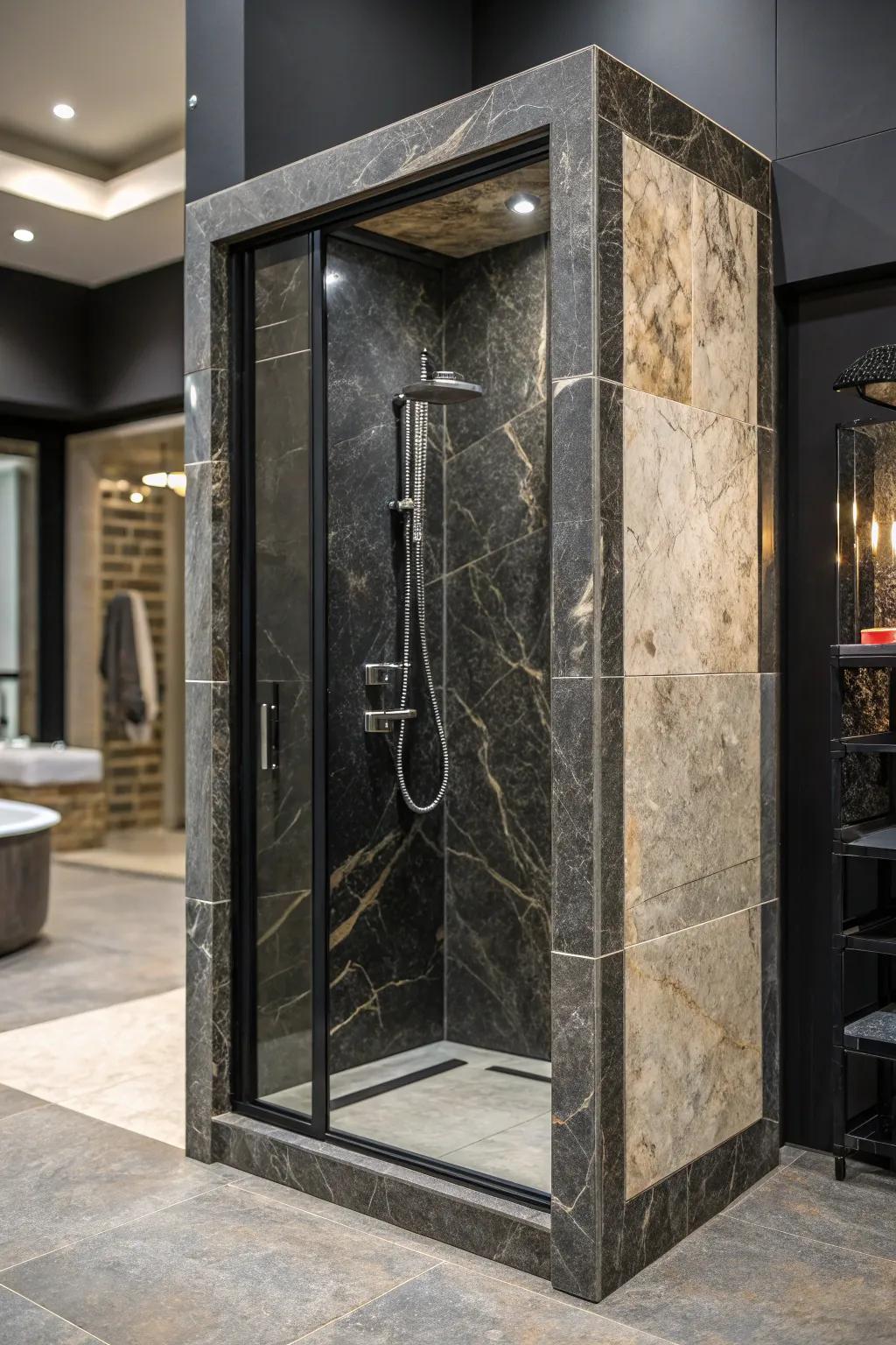A shower stall with a striking rock frame that commands consideration.