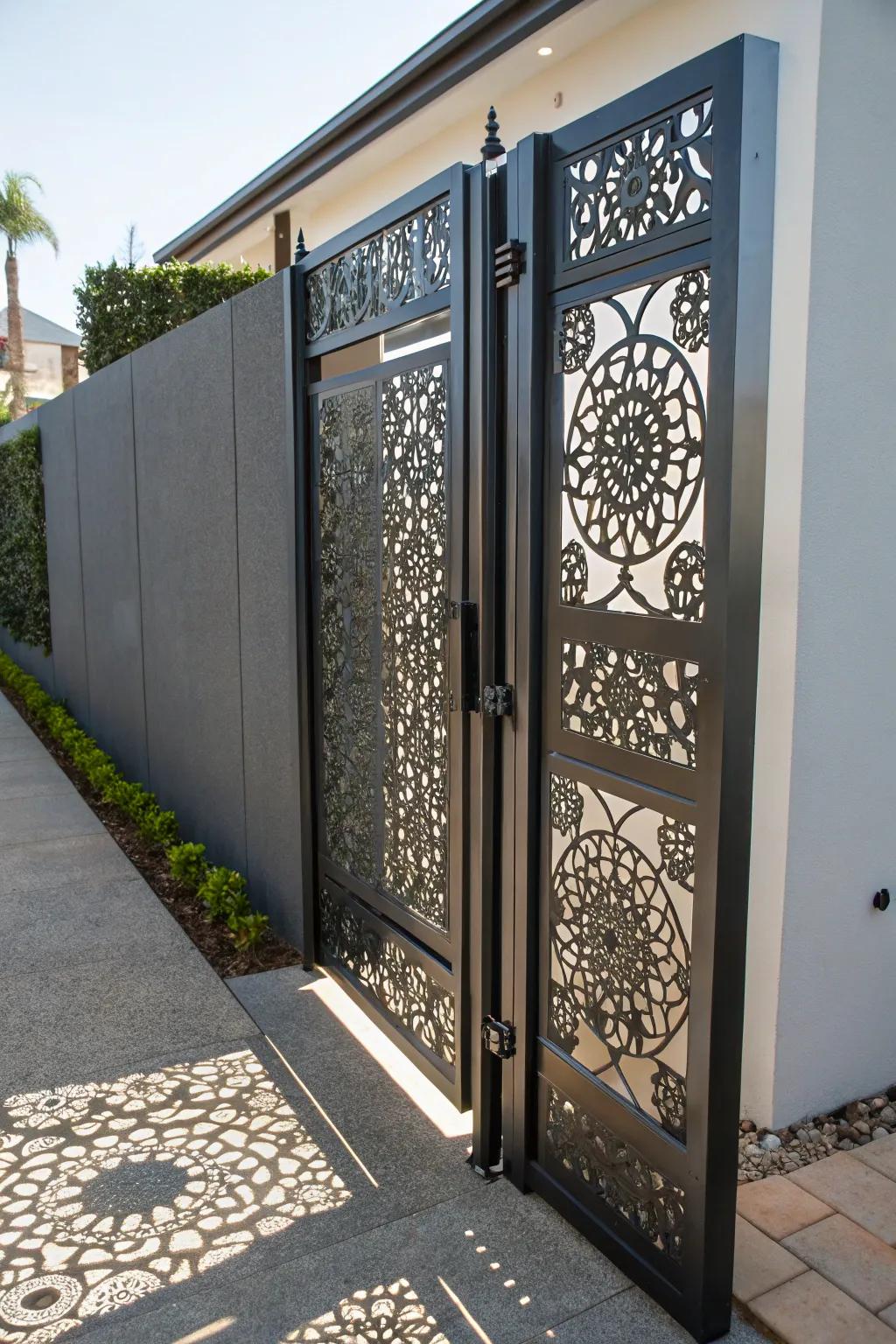 A precision-etched metal gate exhibiting intricate artistry.