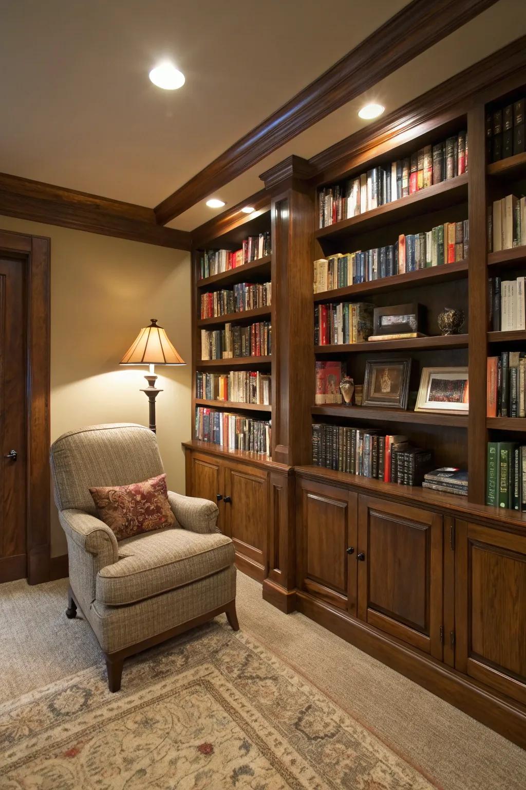 A basement library offers a tranquil retreat for book lovers.