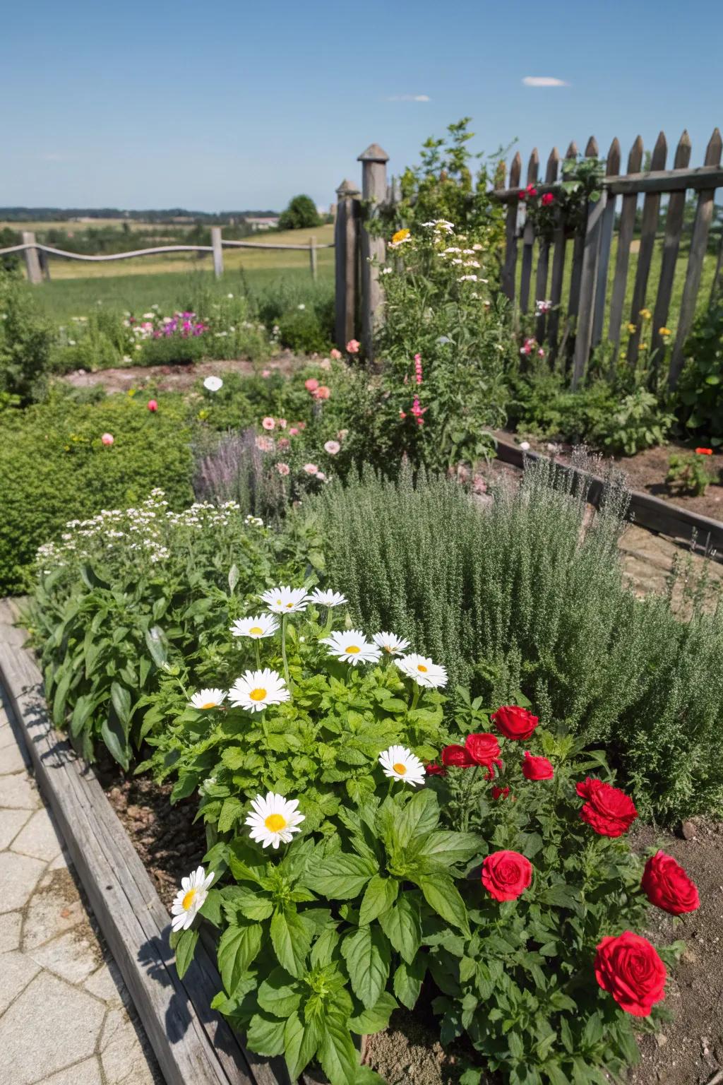 Blending herbs and flowers yields a practical and fragrant garden expanse.