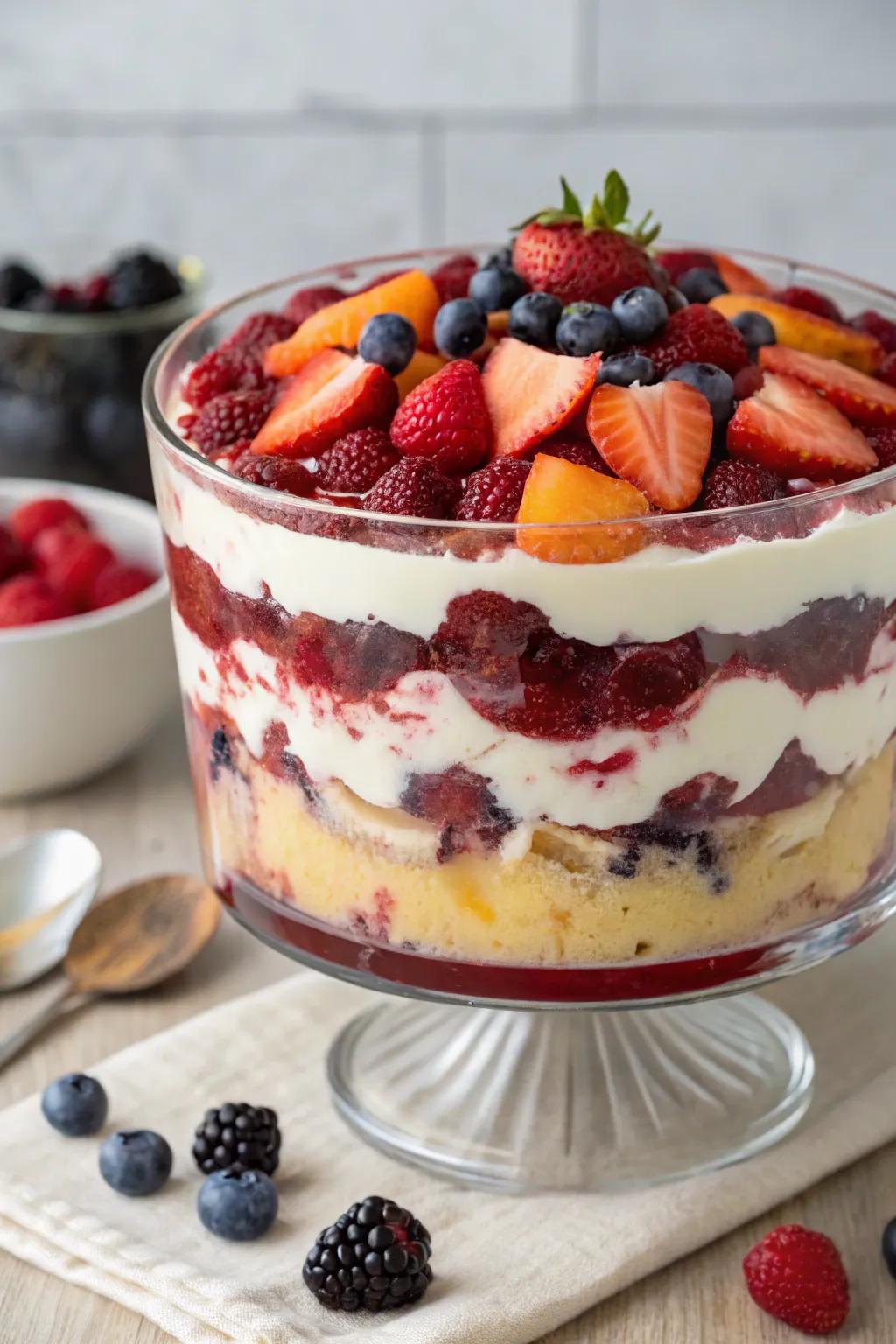 A layered fruit composition renders an eye-catching dessert.