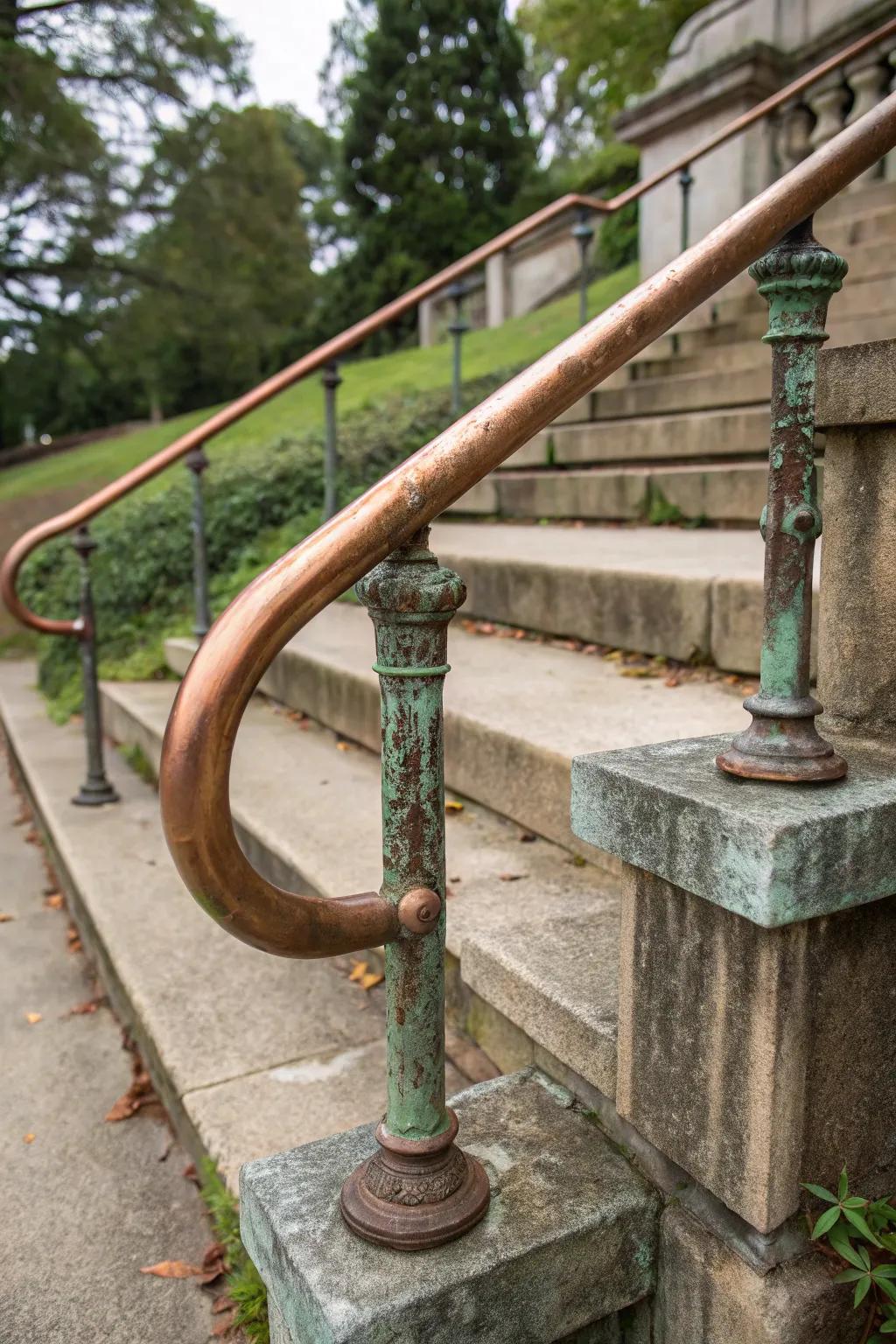 Cupric handrails cultivate a singular patina, appending grandeur and warmth.