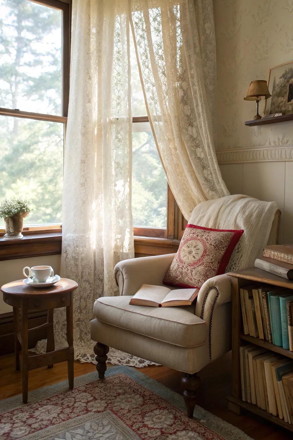 Retro lace draperies affix a nuance of allure to this snug perusing alcove.