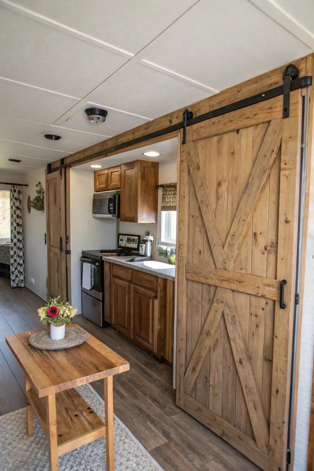 Sliding farm-style entrances blend functionality with charm.