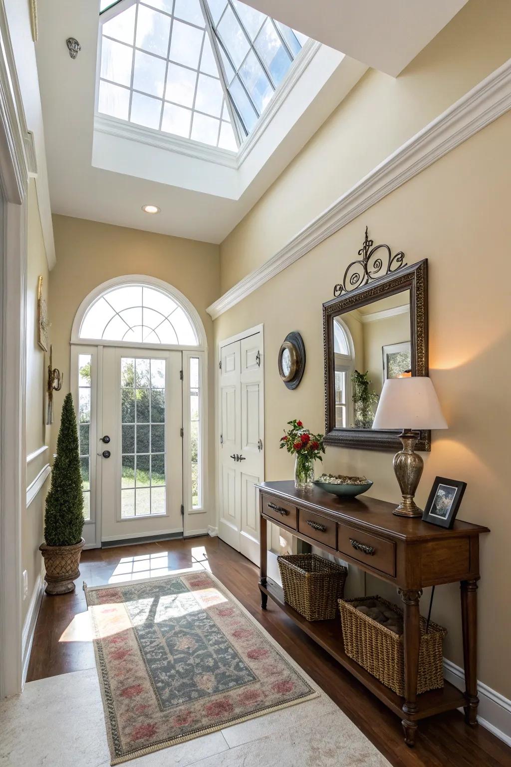 An inviting entrance brightened via a skylight.