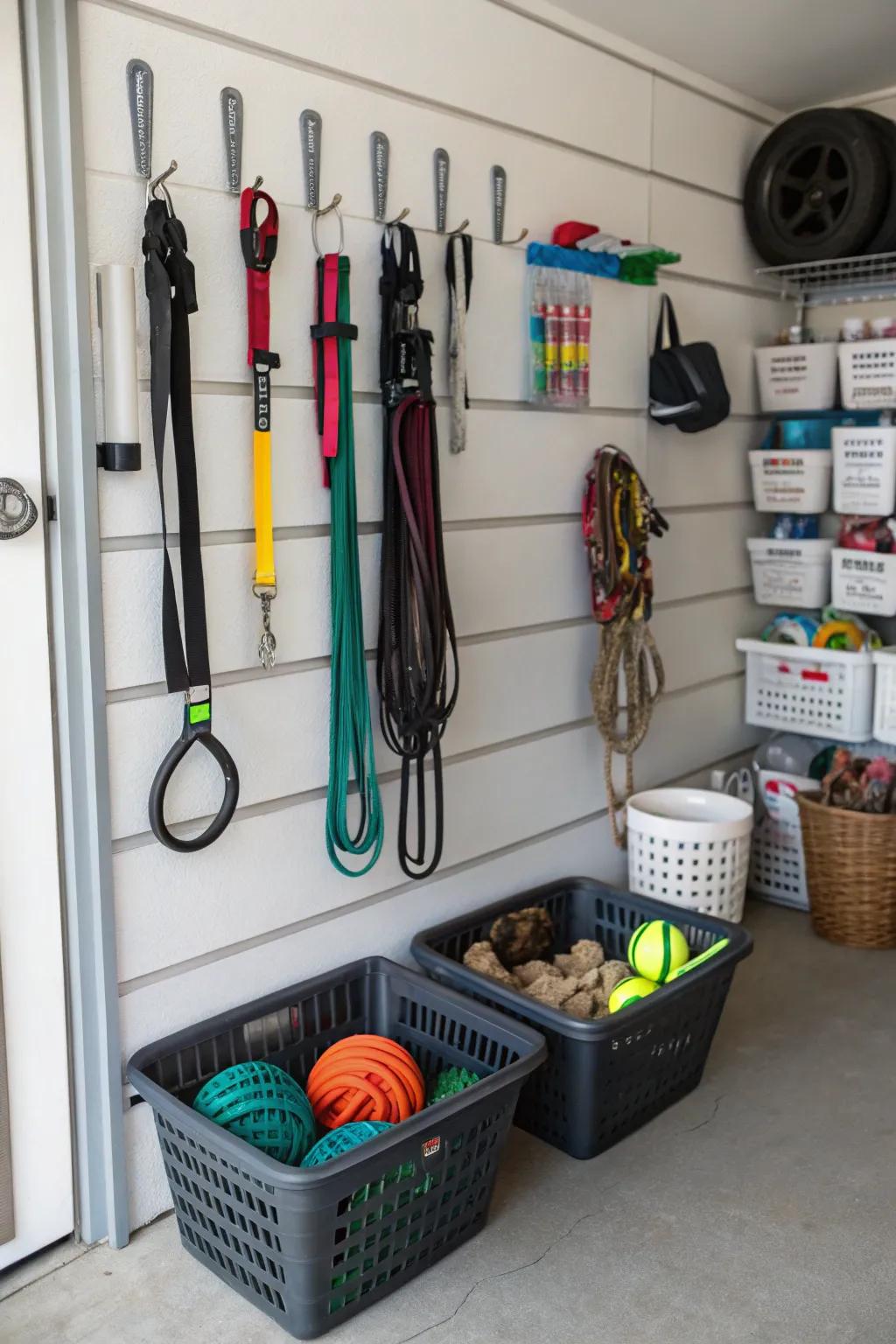 A pet space system keeps pet supplies arranged.