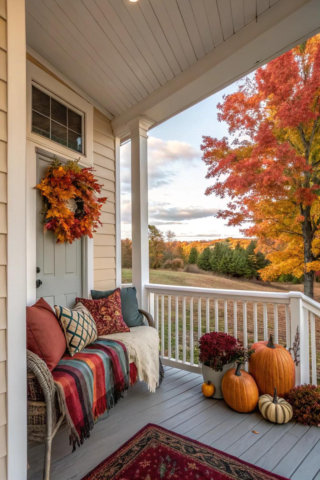Seasonal adornment keeps a modest veranda fresh and welcoming year-round.