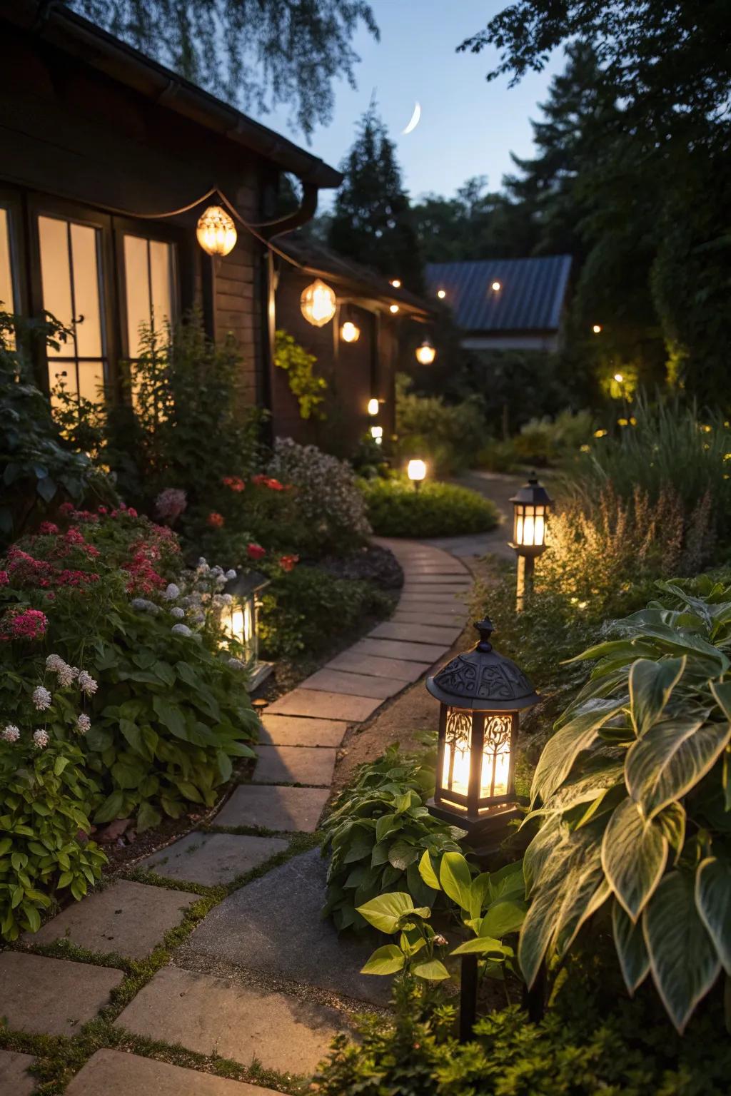 Garden illumination transmutes the area into a comfortable nighttime escape.