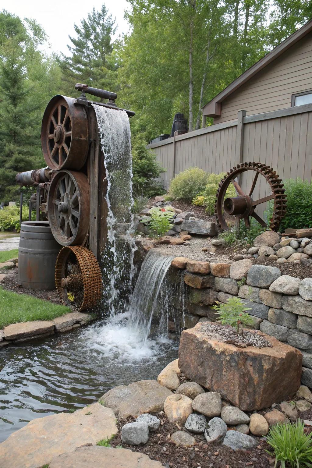 A repurposed metal waterfall injects industrial chic into your garden.