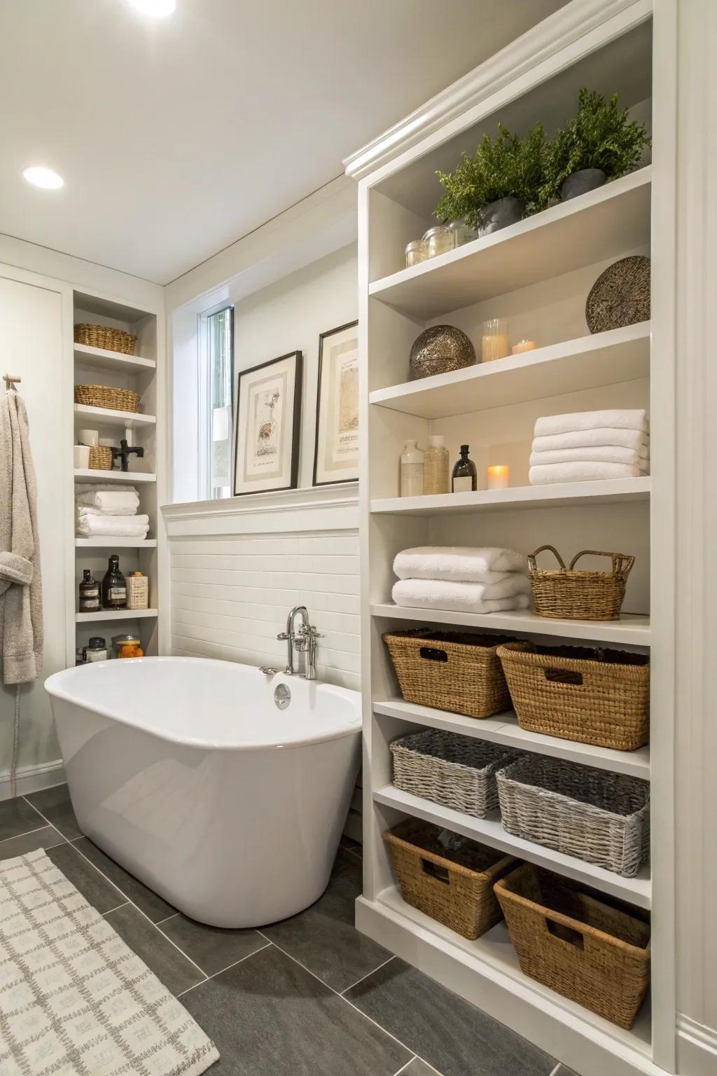 Built-in shelving retains essentials arranged and accessible.