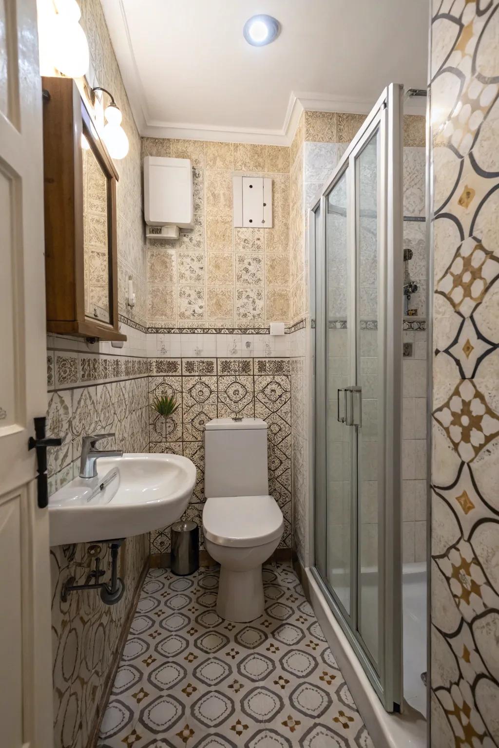 Board-look panels are showcased in a compact bathroom, consolidating board aesthetics through effortless upkeep.