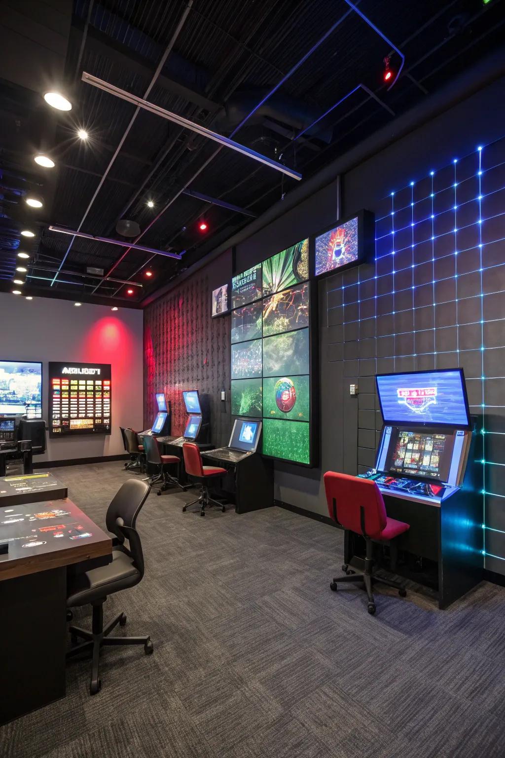 Interactive wall panels introduce a lively element to your gaming space.