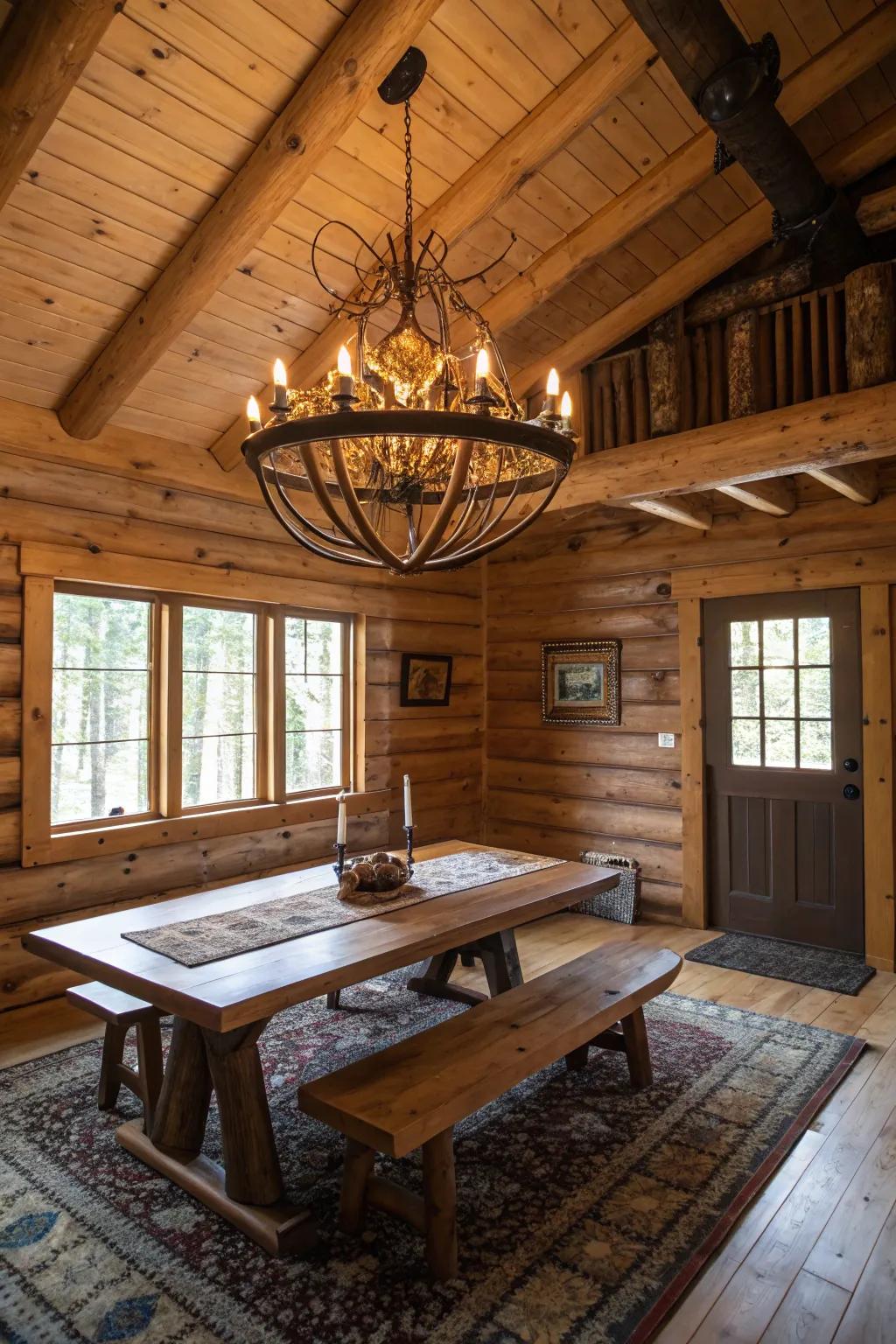 Cabin with a rustic chandelier that creates an element of natural grace.
