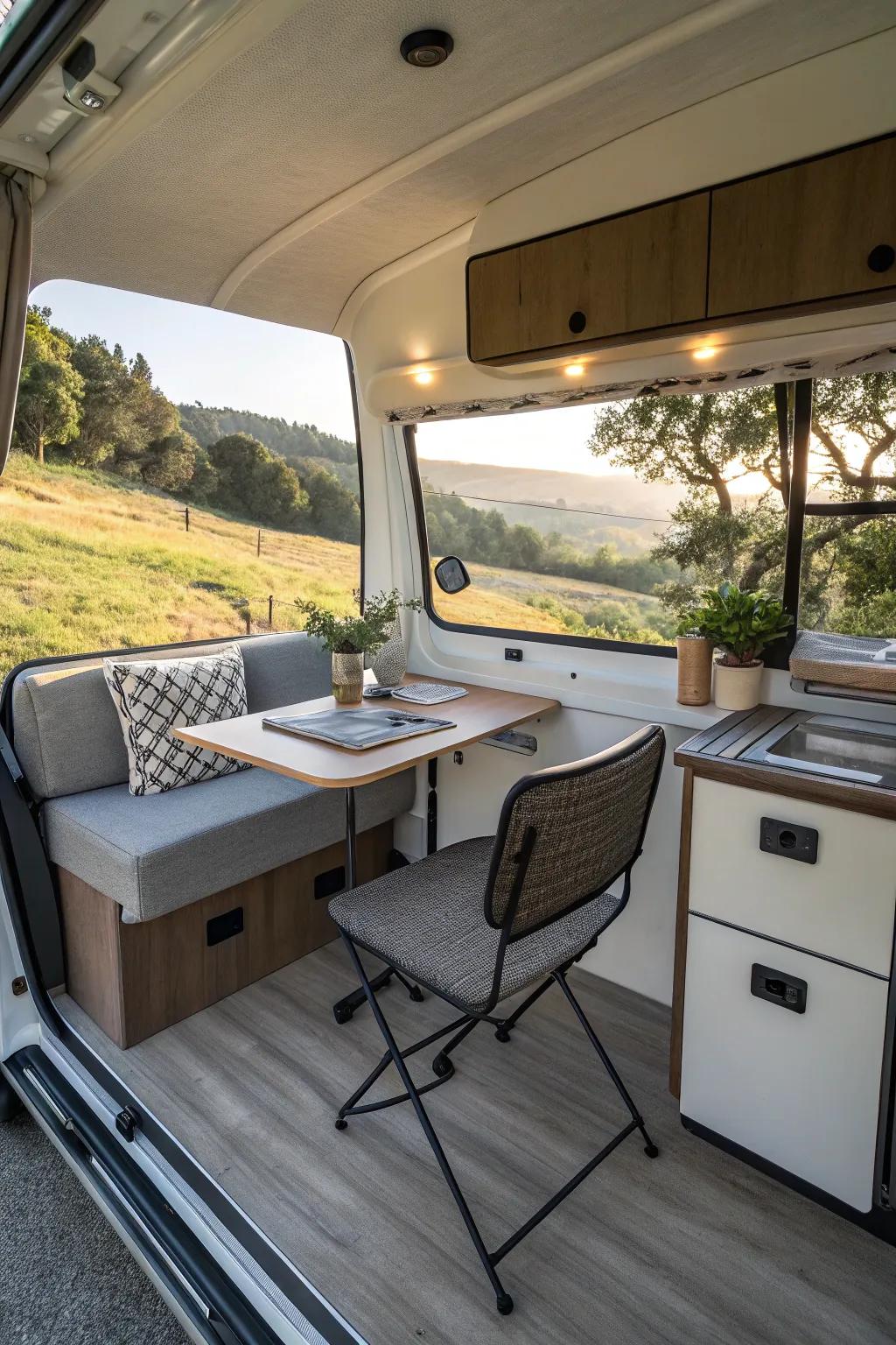 A drop-down desk inside a camper provides a practical workspace solution.