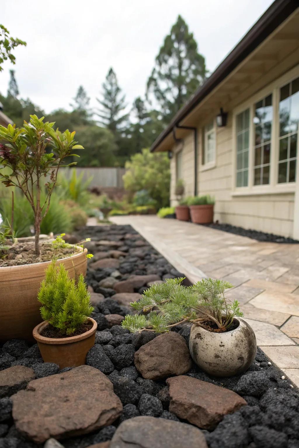 Pyroclastic rock adds bold texture and hue to patio spaces.