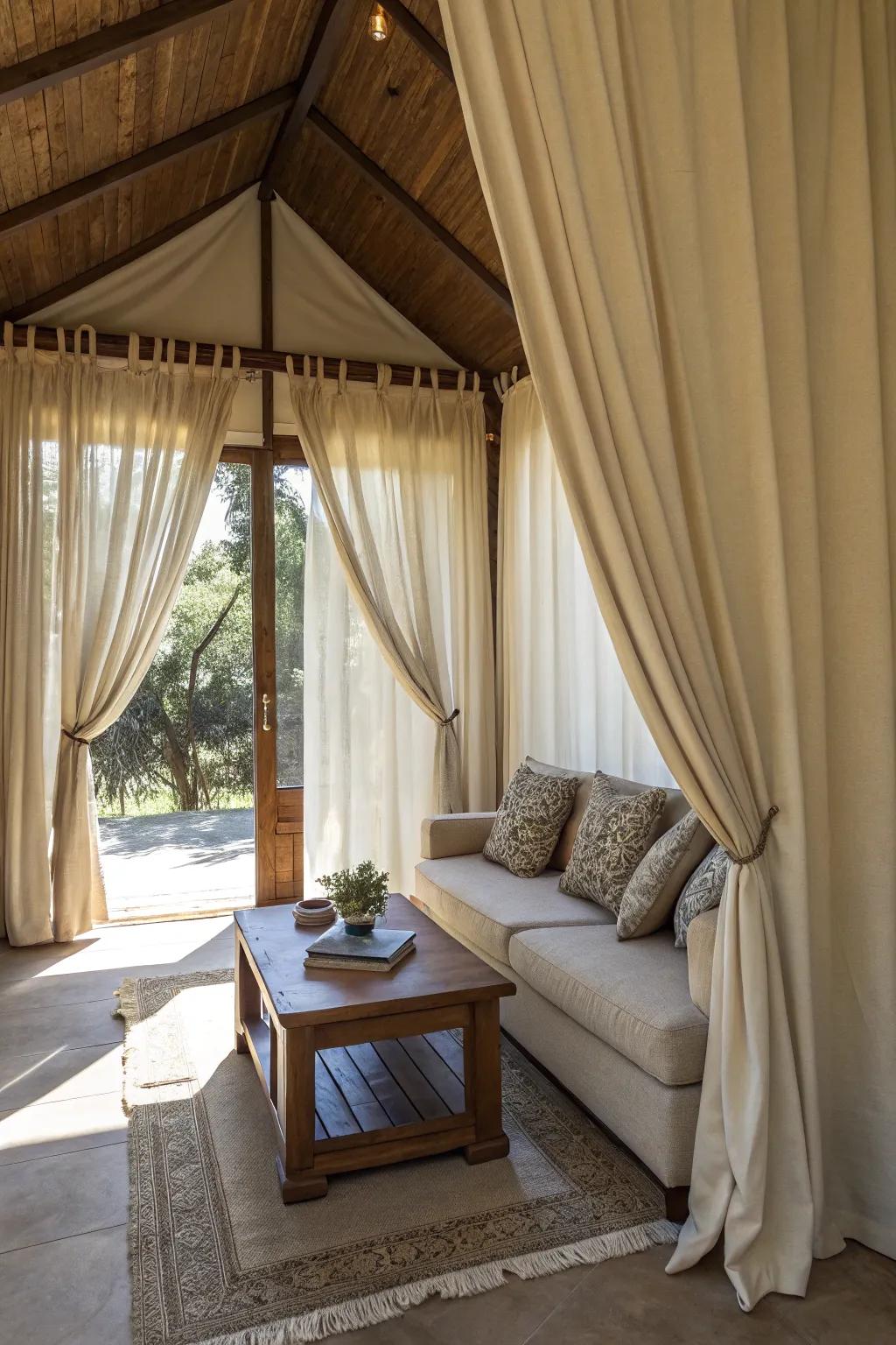 High drapes generate the impression of height within a den.