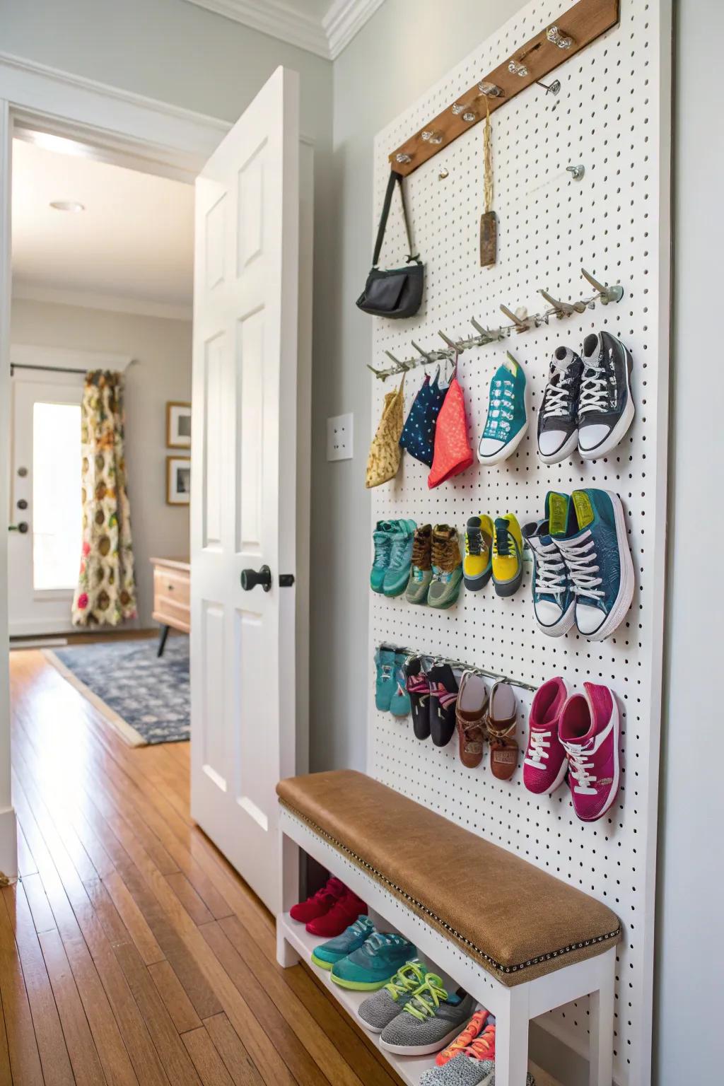 Pegboards offer versatile shoe storage.
