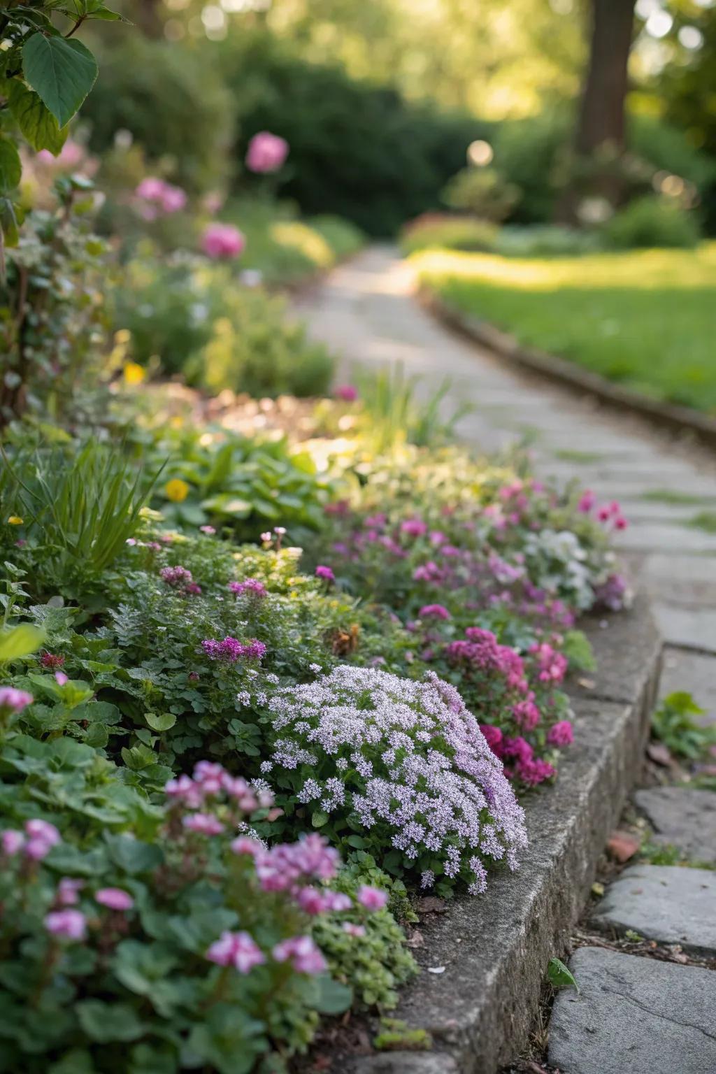 A picturesque, petite flower bed showcasing profuse, viridescent groundcovers.