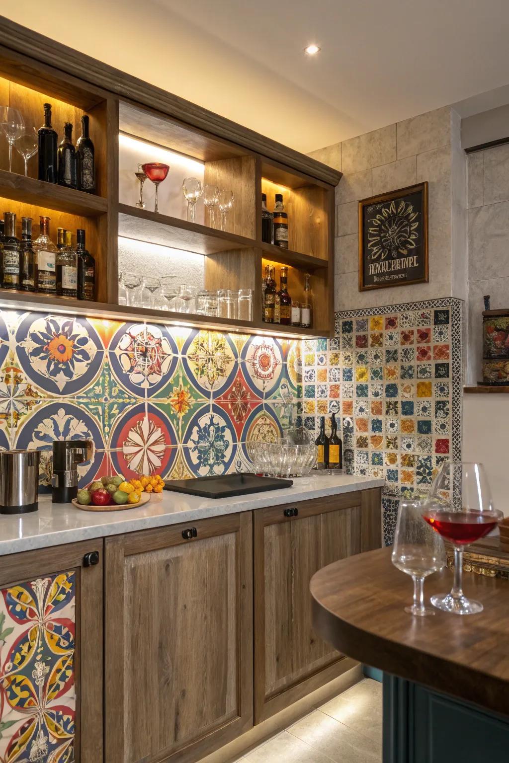 An artistic backsplash introduces a distinctive and personalized element to your home bar.